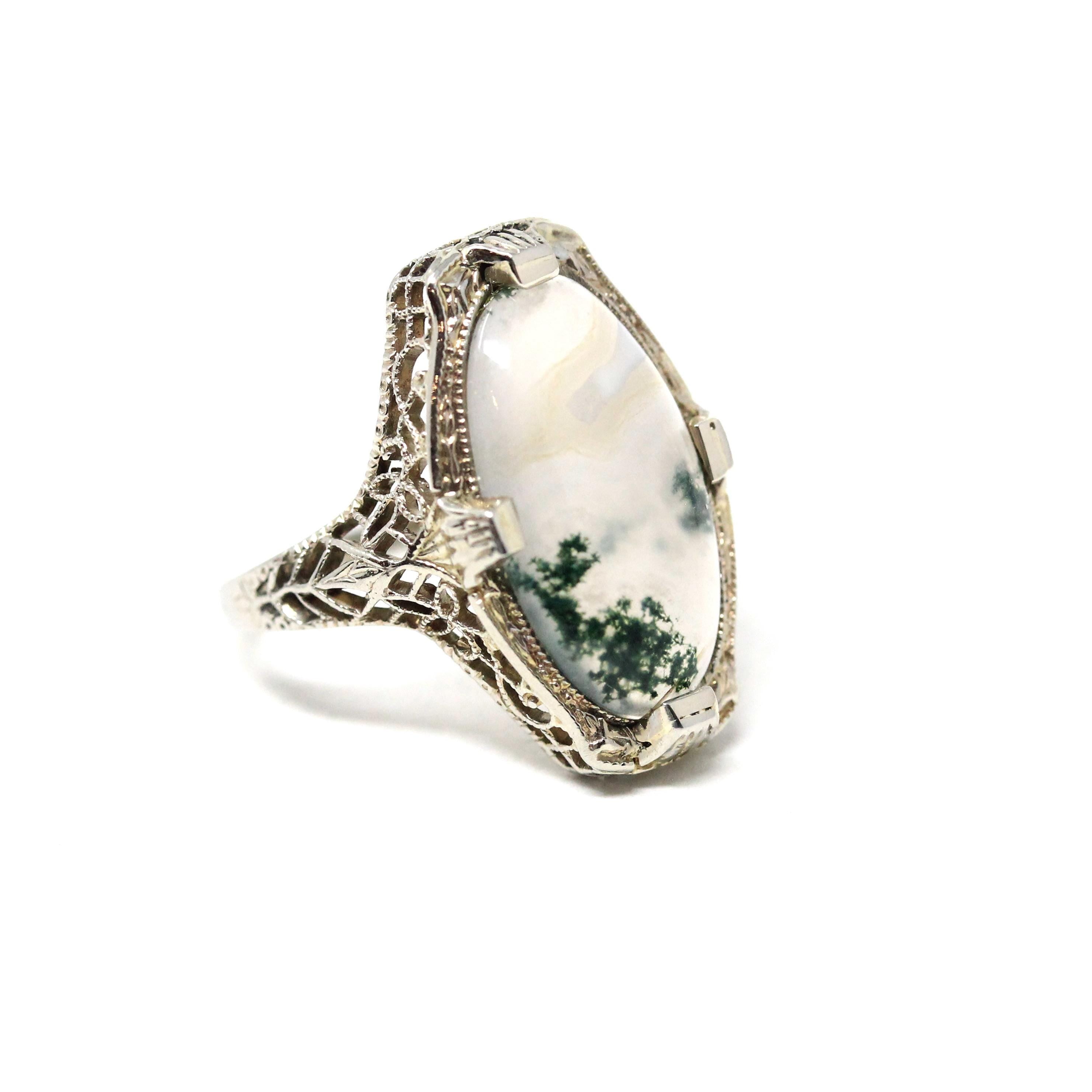 Antique Moss Agate Ring - Art Deco Era 14k White Gold Natural Gemstone - Vintage 1920s Size 3 1/2 Floral Filigree Shield Style Fine Jewelry