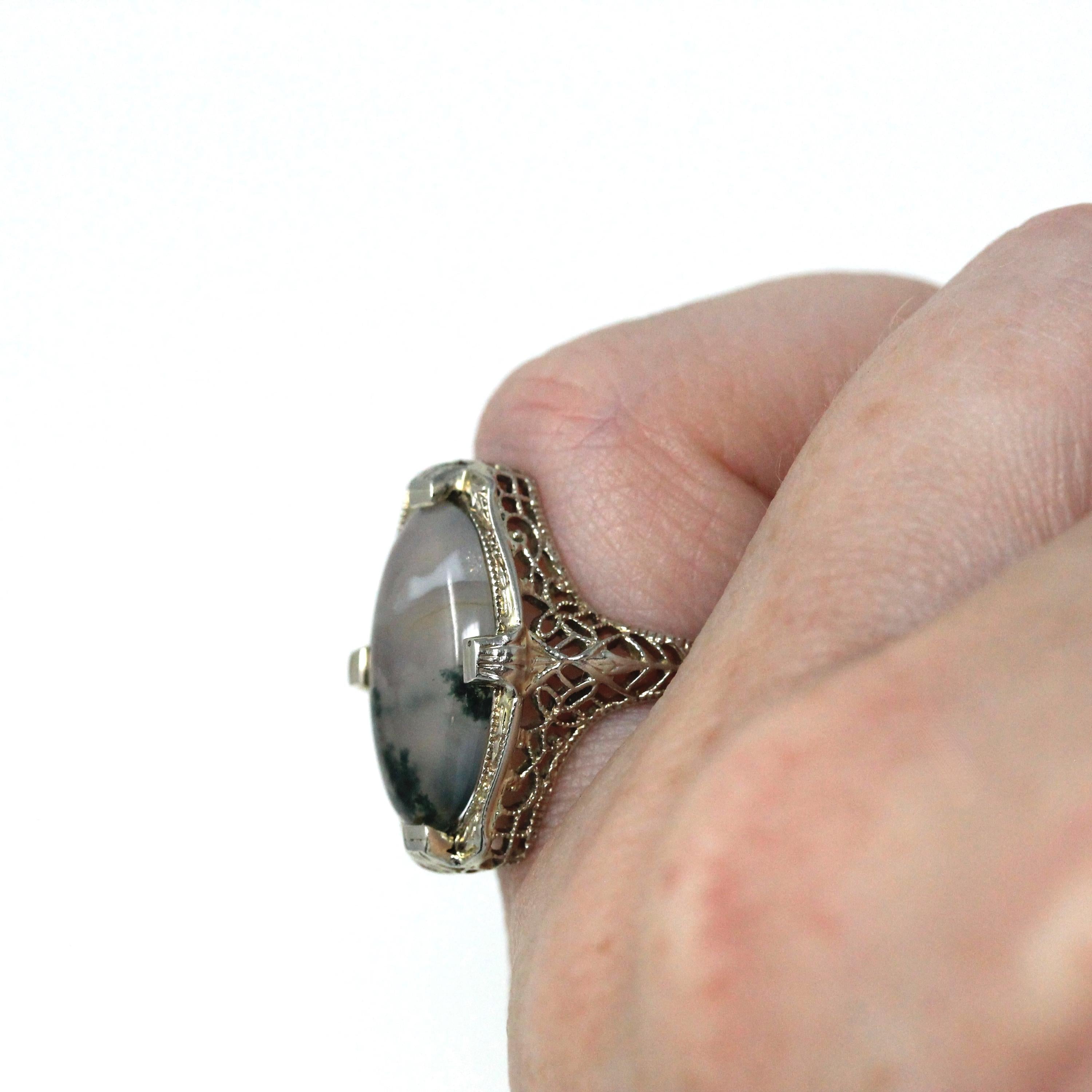 Antique Moss Agate Ring - Art Deco Era 14k White Gold Natural Gemstone - Vintage 1920s Size 3 1/2 Floral Filigree Shield Style Fine Jewelry