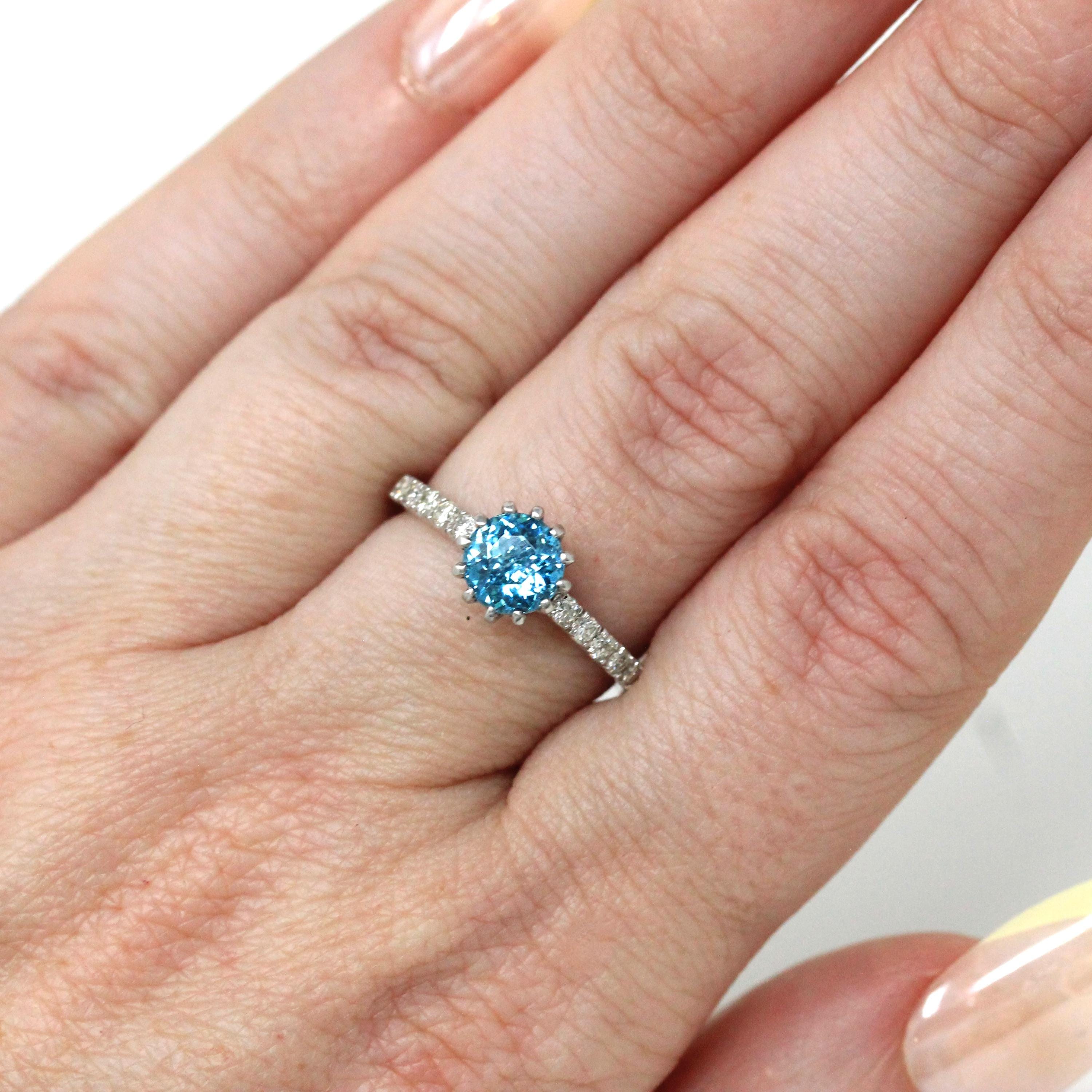 Zircon & Diamond Ring - Estate Platinum Natural Blue Gemstone Alternative Engagement - Modern Size 6 December Birthstone Fine Bridal Jewelry