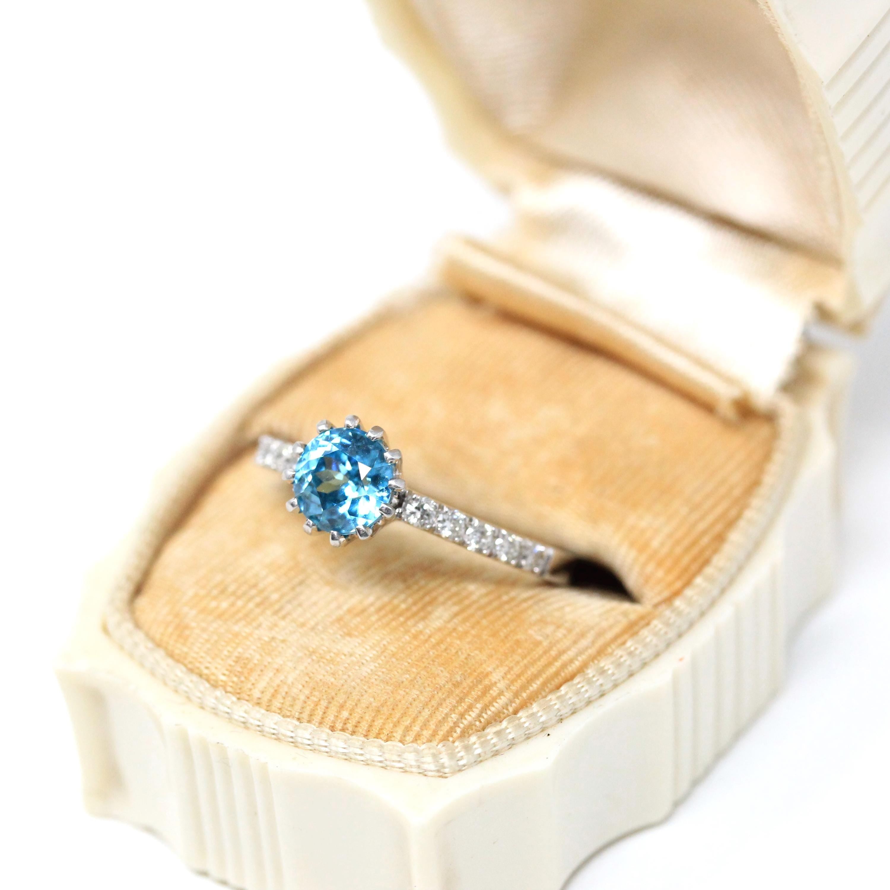 Zircon & Diamond Ring - Estate Platinum Natural Blue Gemstone Alternative Engagement - Modern Size 6 December Birthstone Fine Bridal Jewelry