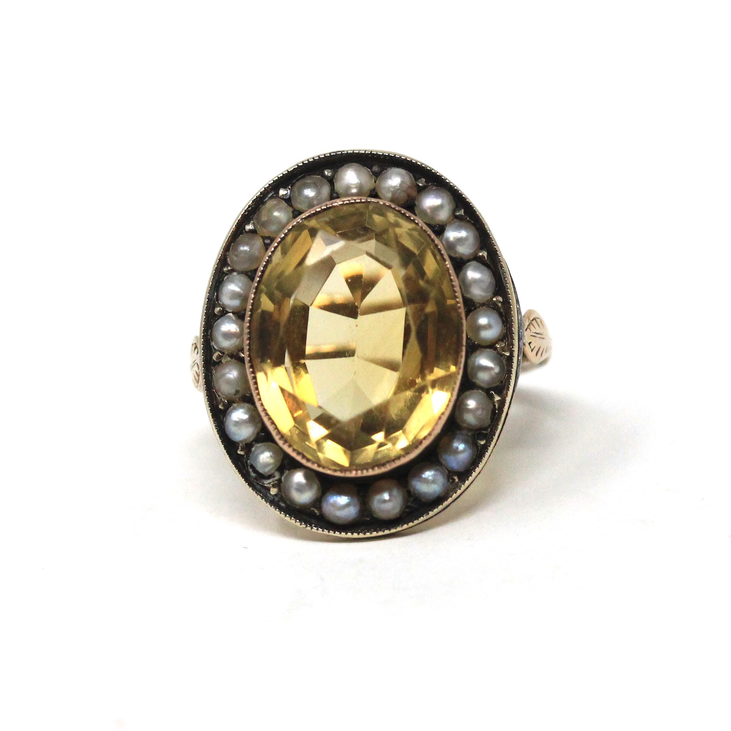 Antique Halo Ring - Edwardian 10k Yellow Gold Natural Yellow Citrine Seed Pearl Cluster Statement - Vintage 1900s Size 3 1/4 Fine Jewelry