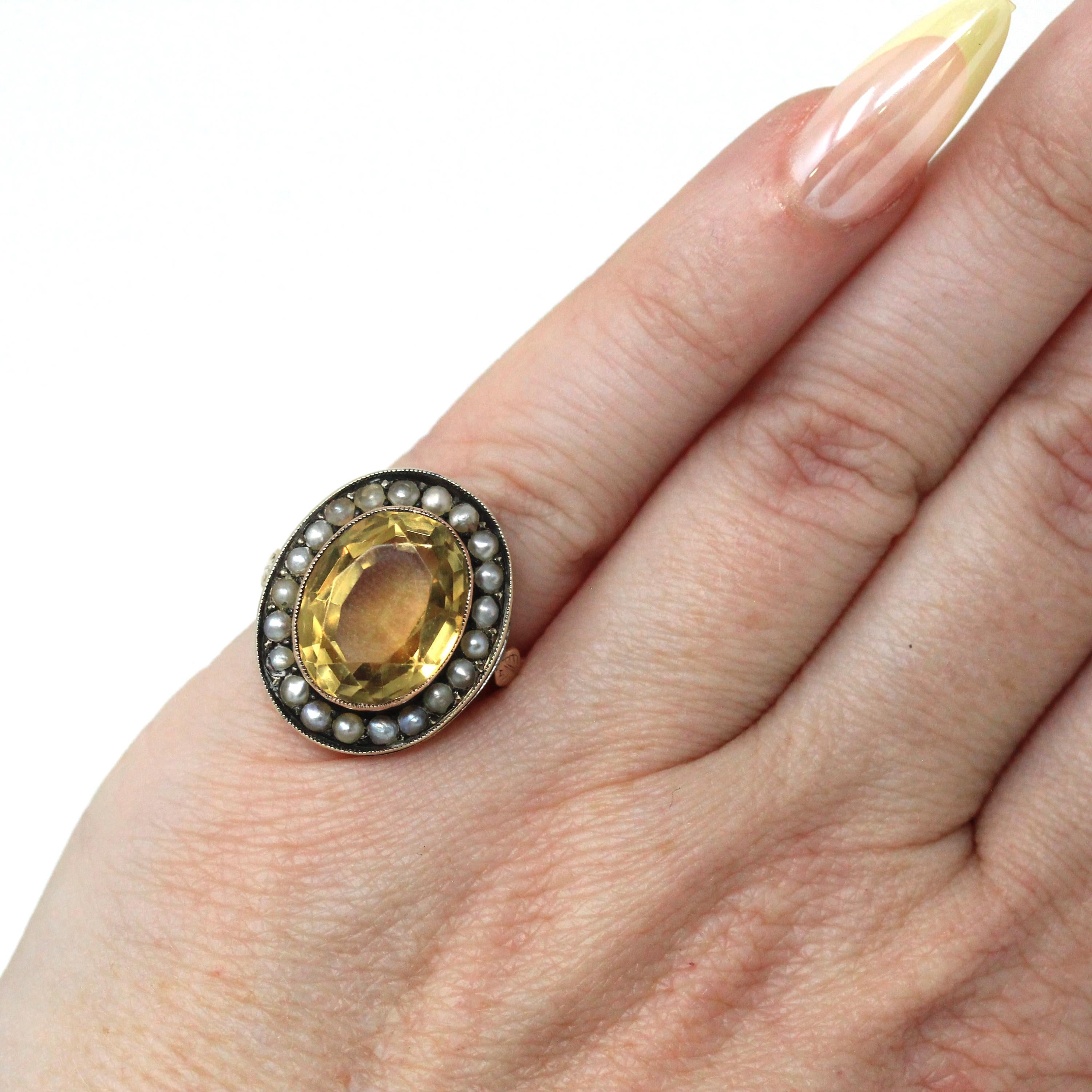 Antique Halo Ring - Edwardian 10k Yellow Gold Natural Yellow Citrine Seed Pearl Cluster Statement - Vintage 1900s Size 3 1/4 Fine Jewelry