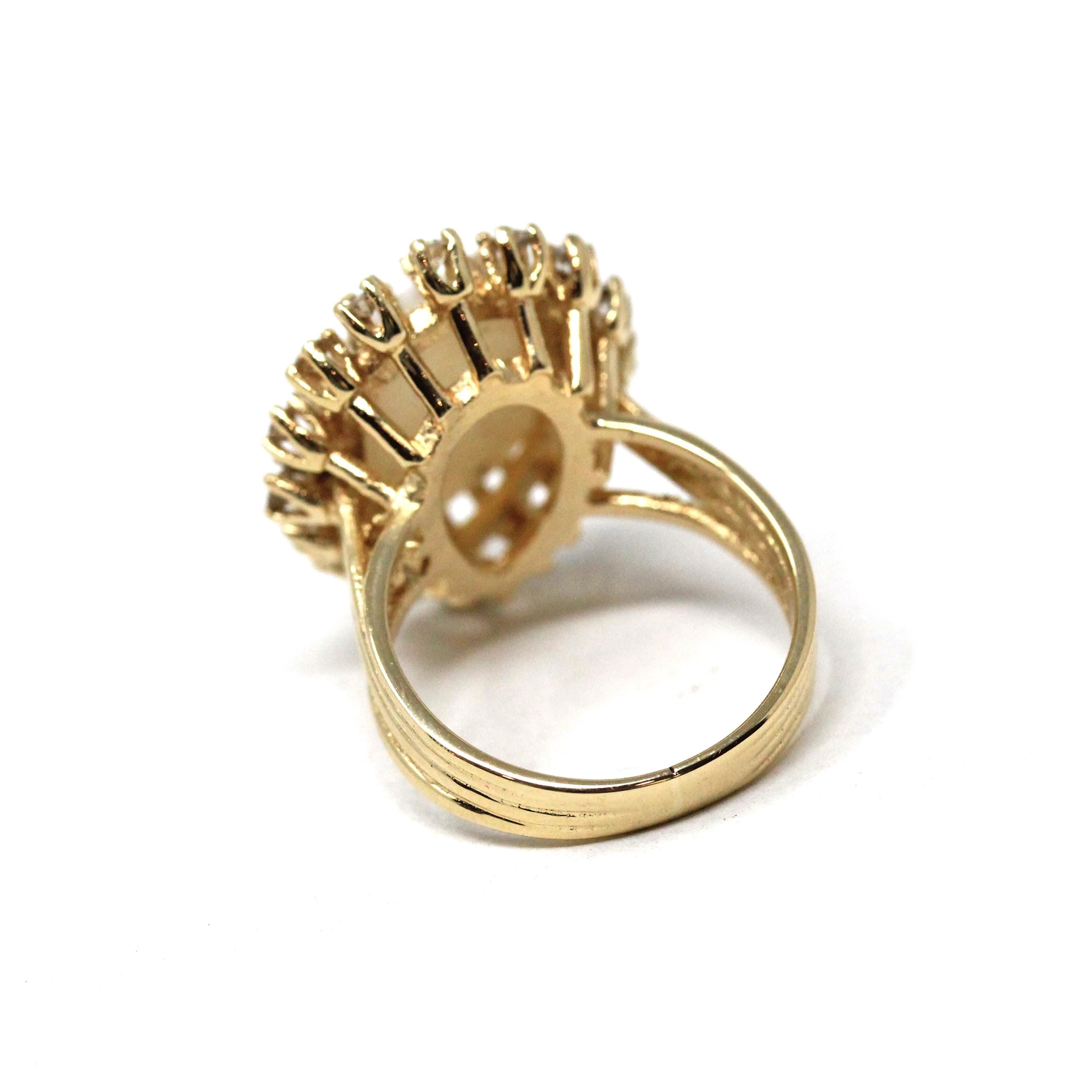 Opal Cocktail Ring - Vintage 14k Yellow Gold Cabochon Cut 3CT Gem - Circa 1970s Size 6 Diamond Halo .40 CTW Accent Retro Era Fine Jewelry