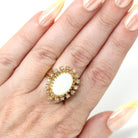 Opal Cocktail Ring - Vintage 14k Yellow Gold Cabochon Cut 3CT Gem - Circa 1970s Size 6 Diamond Halo .40 CTW Accent Retro Era Fine Jewelry