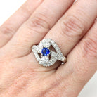 Sapphire & Diamond Ring - Mid Century 14k White Gold Blue Gemstone 1.27 CTW Diamond Cluster Bypass Halo - Circa 1950s Size 6 Fine Jewelry