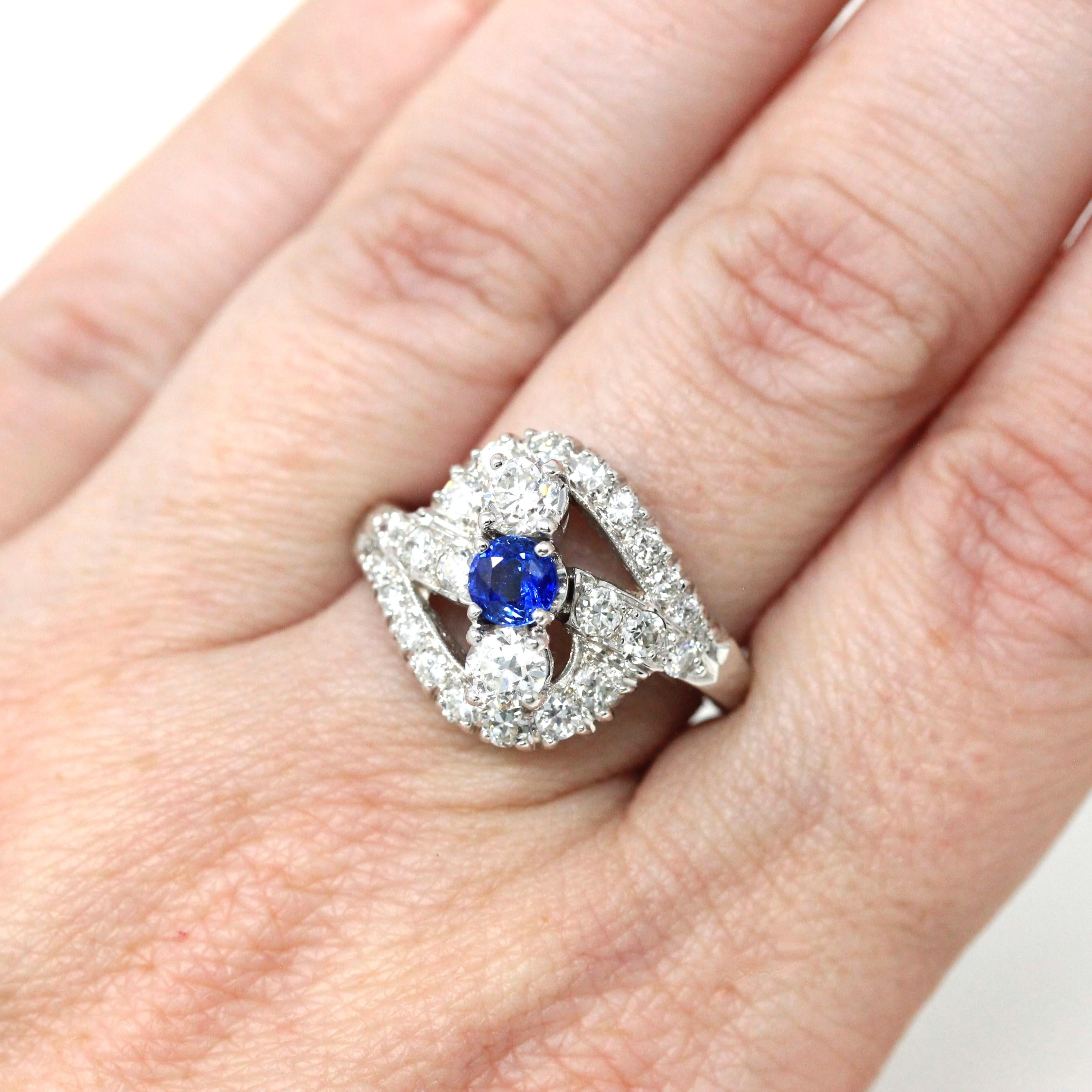 Sapphire & Diamond Ring - Mid Century 14k White Gold Blue Gemstone 1.27 CTW Diamond Cluster Bypass Halo - Circa 1950s Size 6 Fine Jewelry