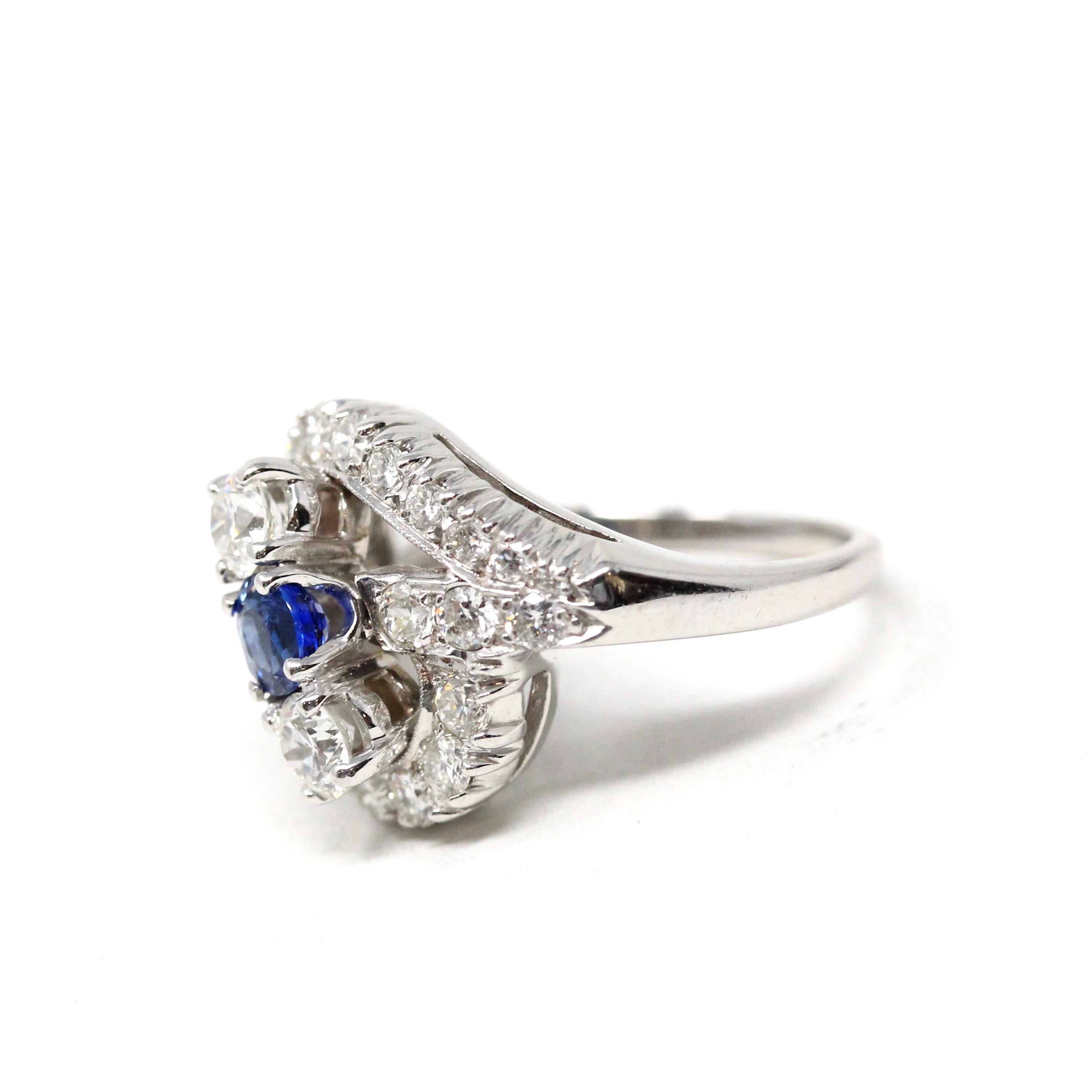 Sapphire & Diamond Ring - Mid Century 14k White Gold Blue Gemstone 1.27 CTW Diamond Cluster Bypass Halo - Circa 1950s Size 6 Fine Jewelry