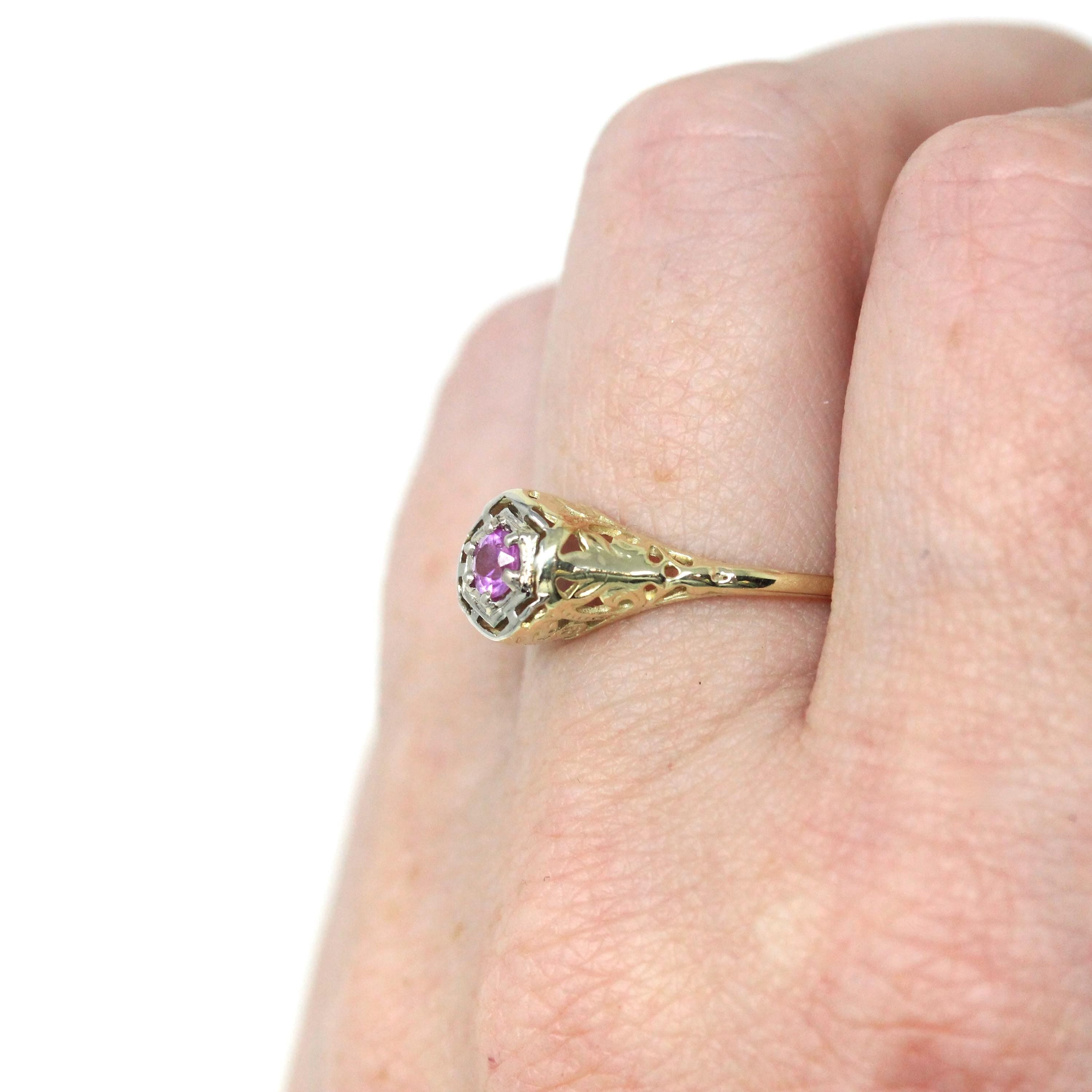 Vintage Pink Sapphire Ring - Art Deco 14k Gold Two Tone Butterfly Filigree Natural Gemstone - Circa 1930s Size 6 1/2 Fine Hexagonal Jewelry