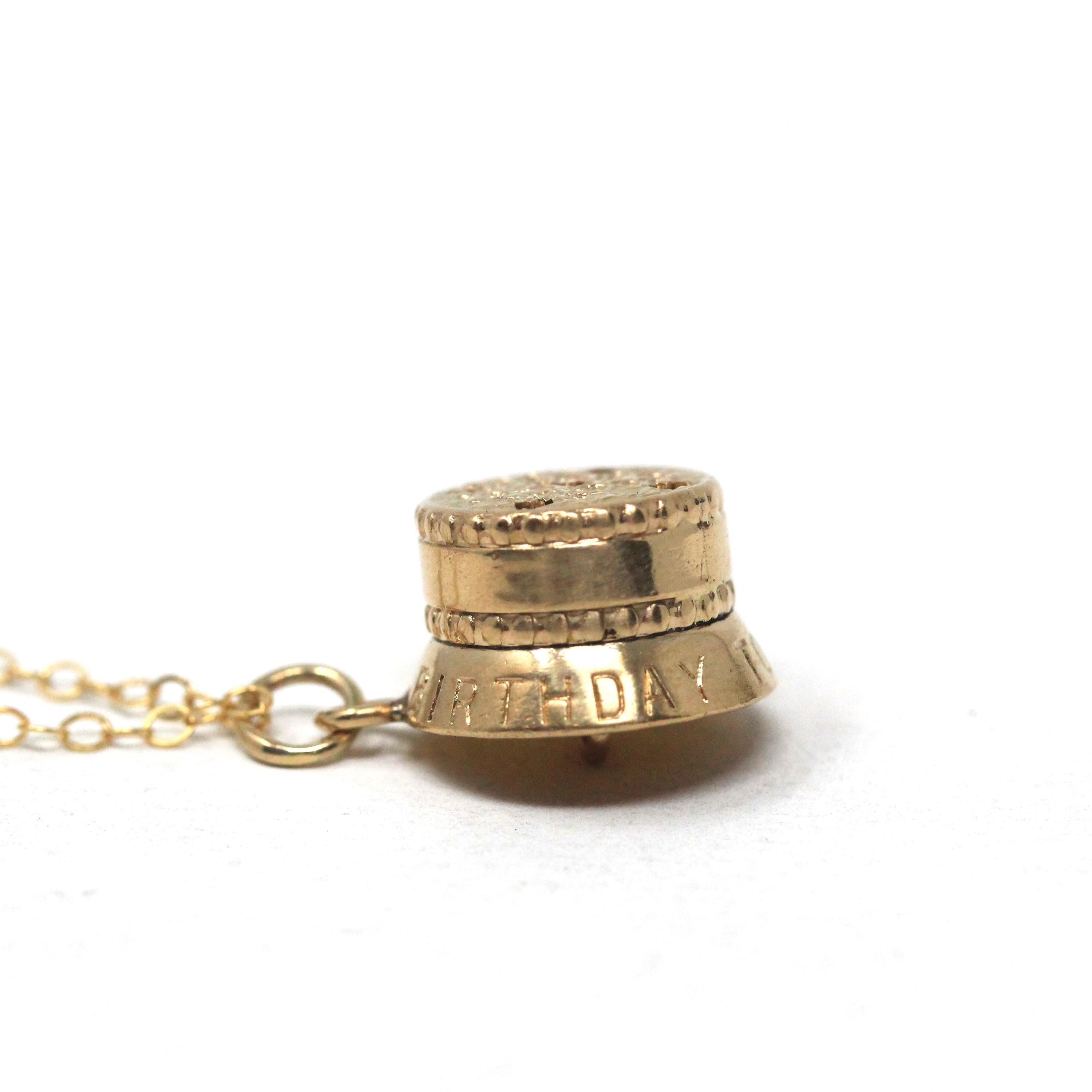 Vintage Birthday Cake Charm - Mid Century Era 14k Yellow Gold Candles Pendant Necklace - Circa 1950s Kinetic Interactive Celebration Jewelry