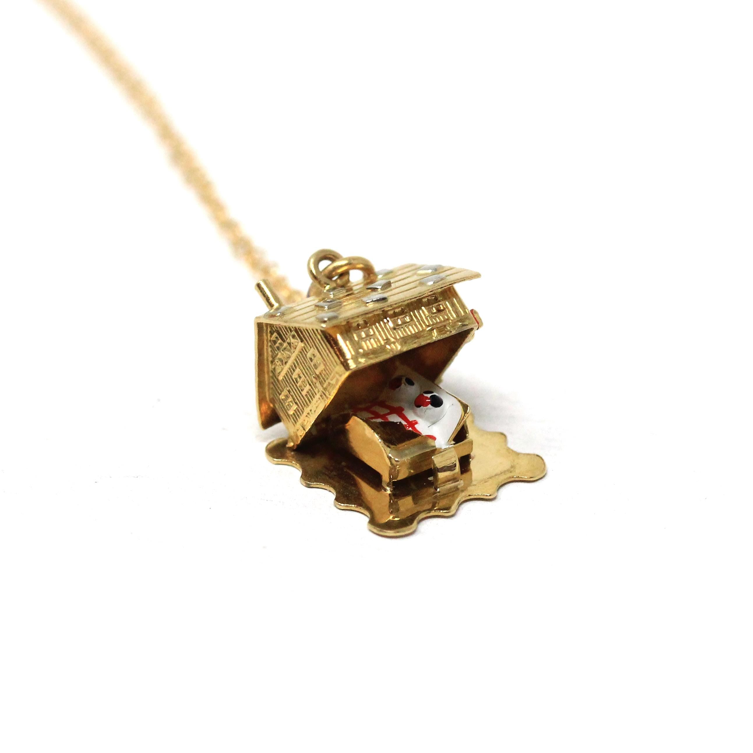 Swiss Chalet Charm - Mid Century 18k Yellow Gold Pendant Quirky Necklace - Vintage Circa 1940s Honeymooners Enamel Mountain Cabin Jewelry