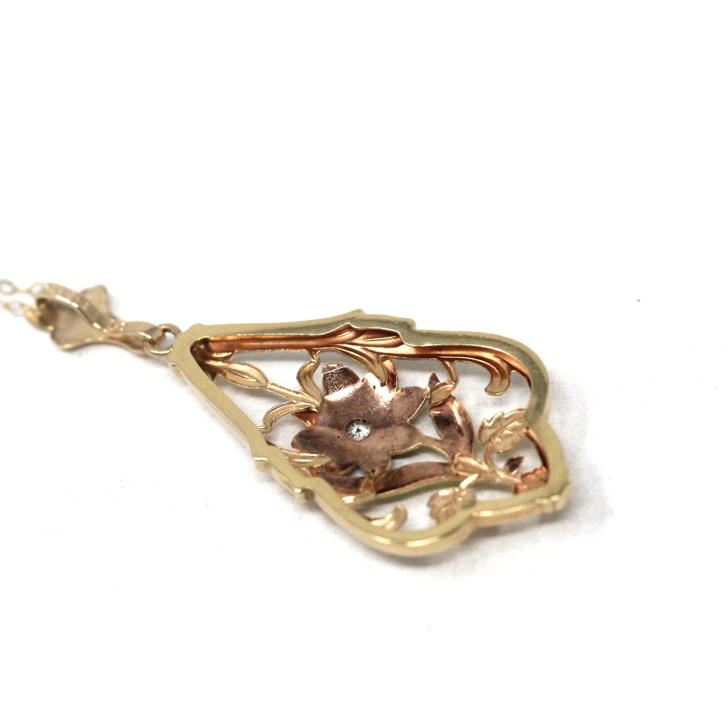 Vintage Flower Pendant - Mid Century 10k Yellow Rose Gold Two Tone Floral Natural Diamond Charm Necklace - Circa 1940s Lavalier Fine Jewelry