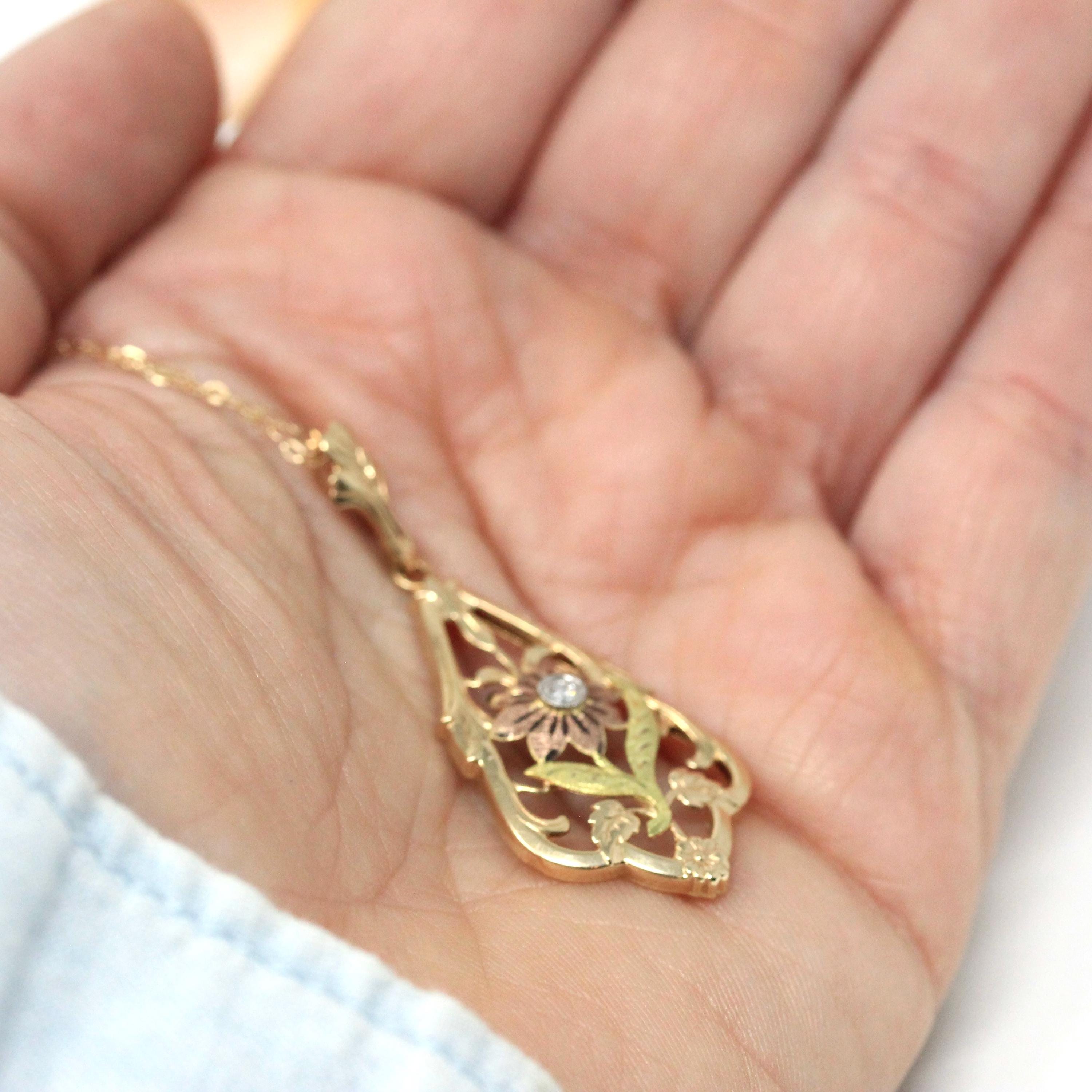 Vintage Flower Pendant - Mid Century 10k Yellow Rose Gold Two Tone Floral Natural Diamond Charm Necklace - Circa 1940s Lavalier Fine Jewelry