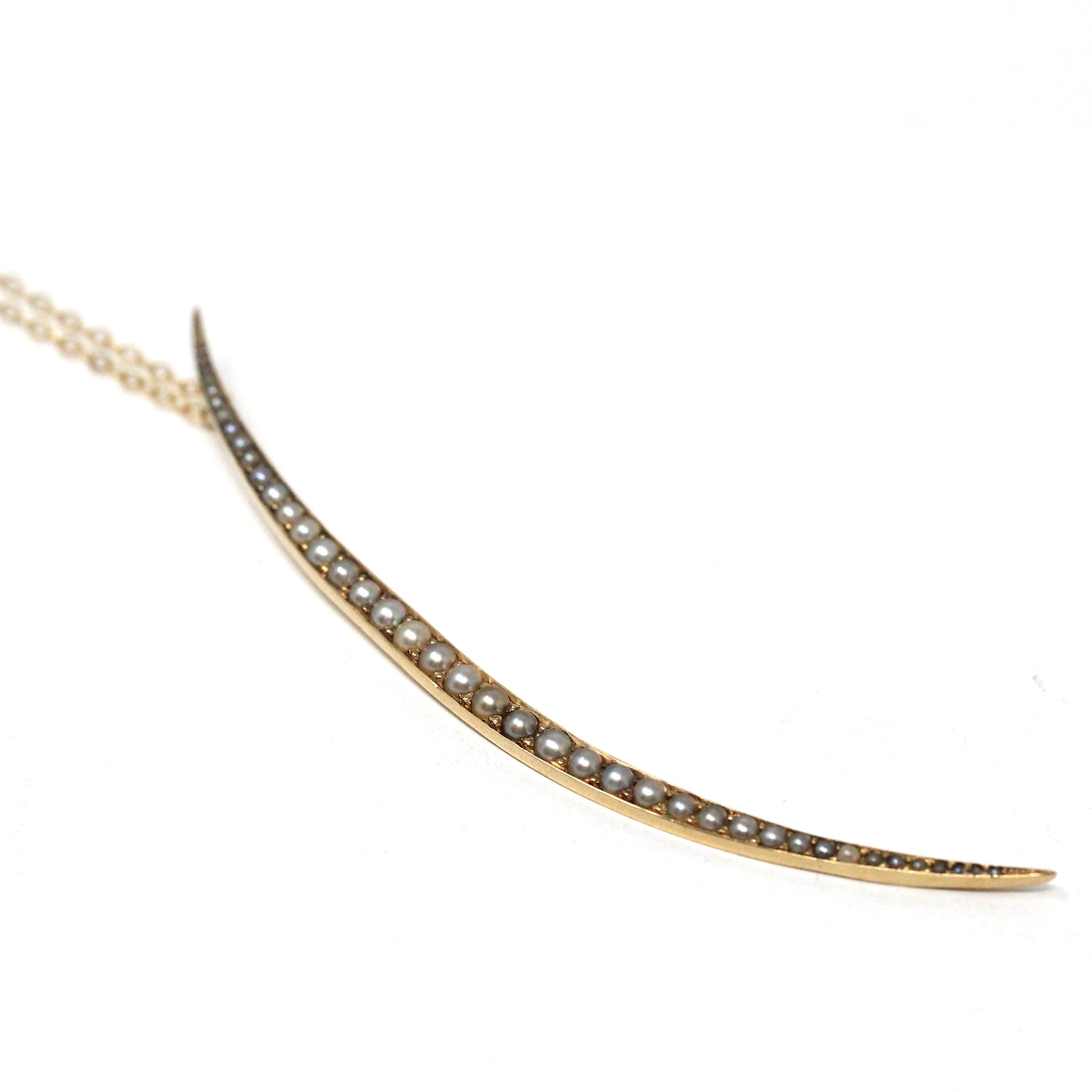 Antique Crescent Moon Pendant - Edwardian 14k Yellow Gold Seed Pearls Conversion Pendant - Circa 1910s Era Fine Dainty Celestial Jewelry