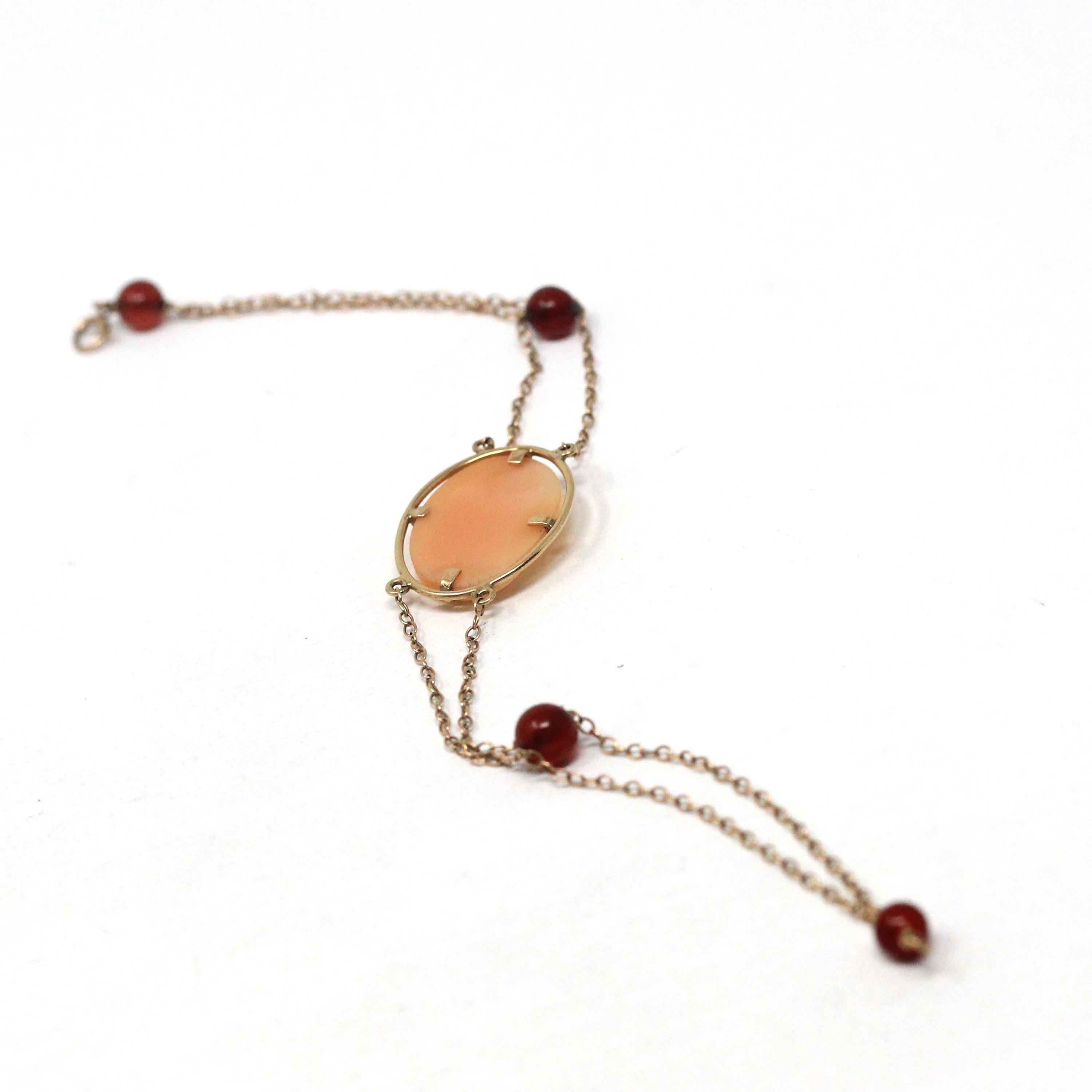 Vintage Cameo Bracelet - Mid Century 10k Yellow Gold Carved Shell Portrait & Red Carnelian Accents - Circa 1940s Era Fine Statement Jewelry