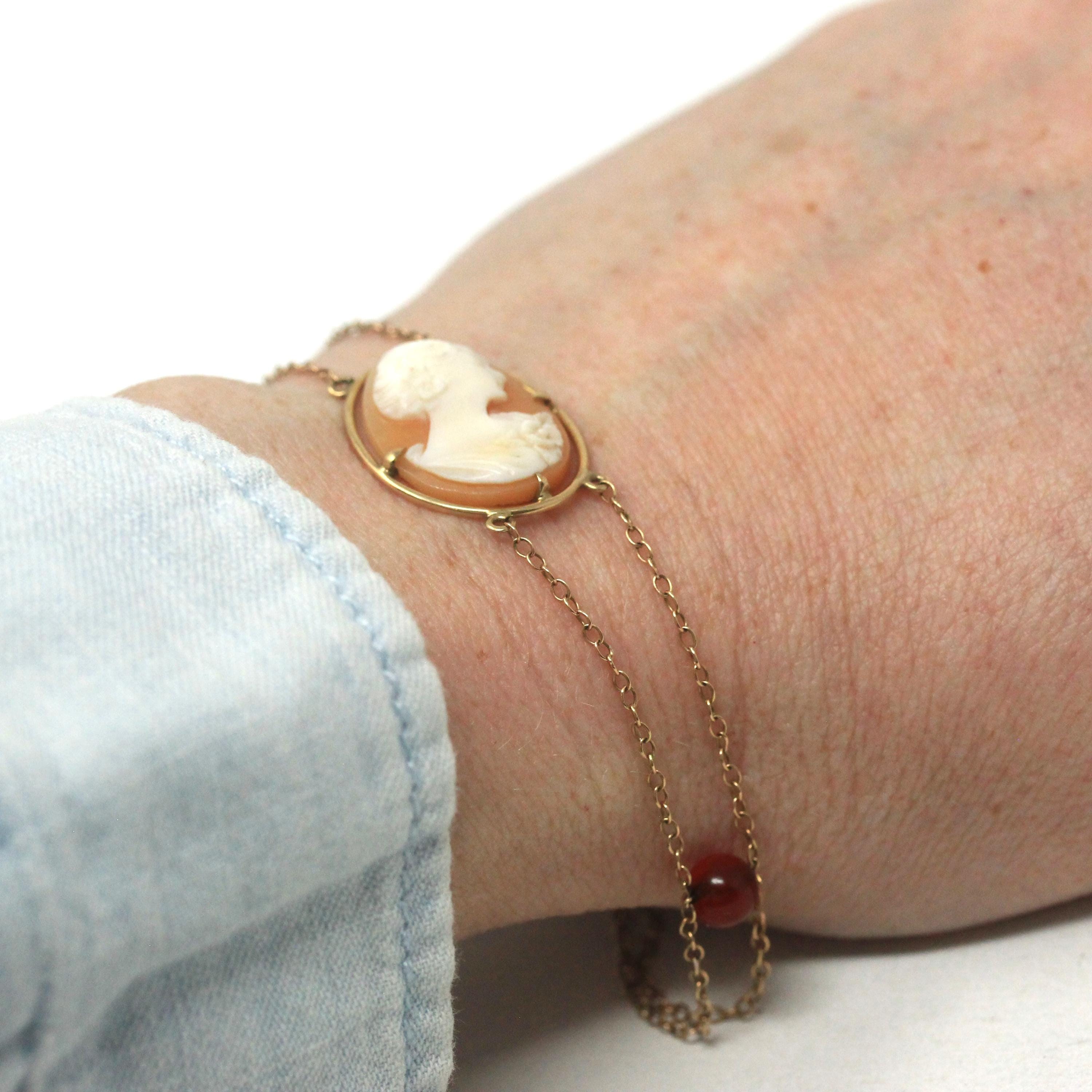 Vintage Cameo Bracelet - Mid Century 10k Yellow Gold Carved Shell Portrait & Red Carnelian Accents - Circa 1940s Era Fine Statement Jewelry