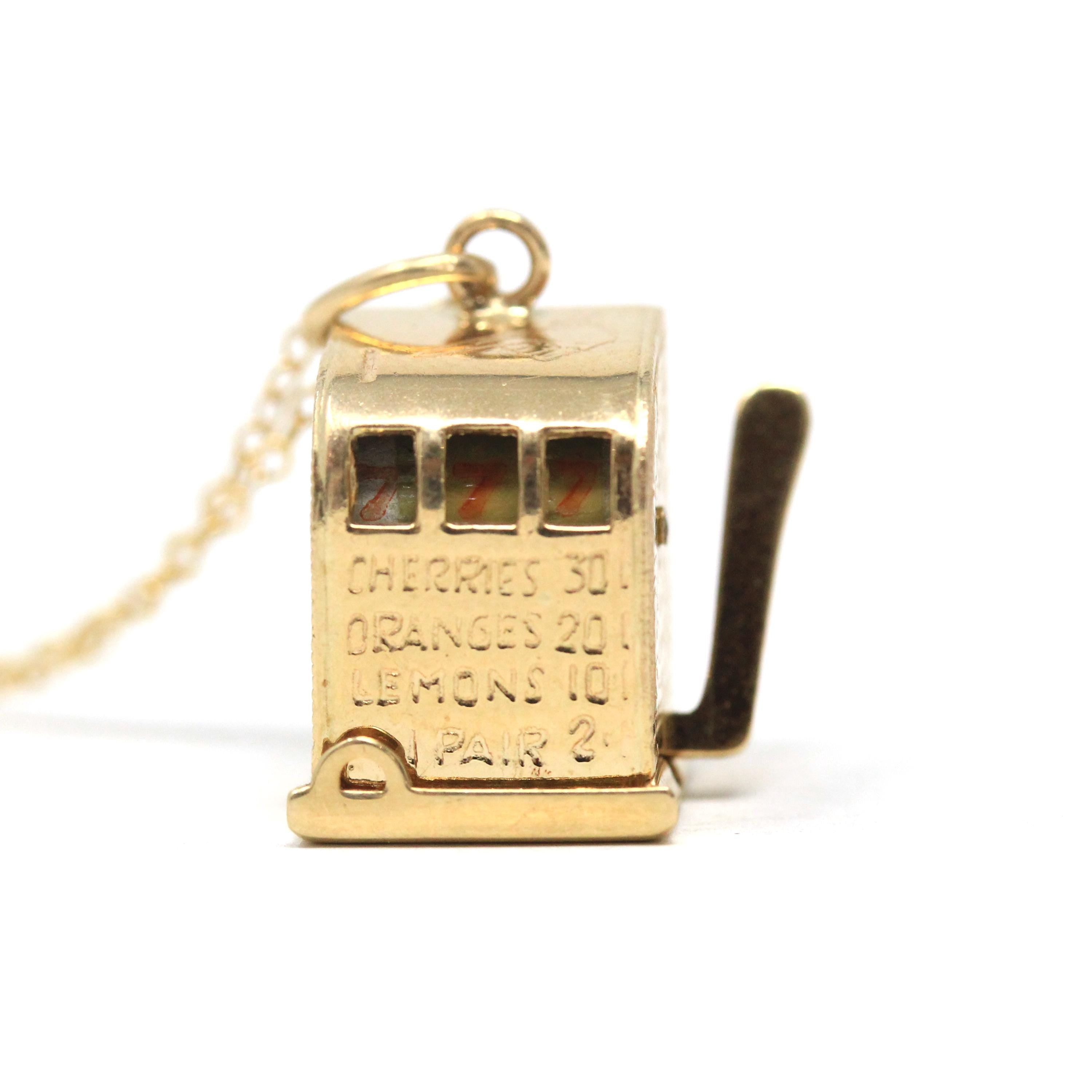 Vintage Slot Machine Charm - Retro 14k Yellow Gold Moveable 3-D Pendant Necklace - Circa 1960s Fruit Gambling Figural Betting Fine Jewelry