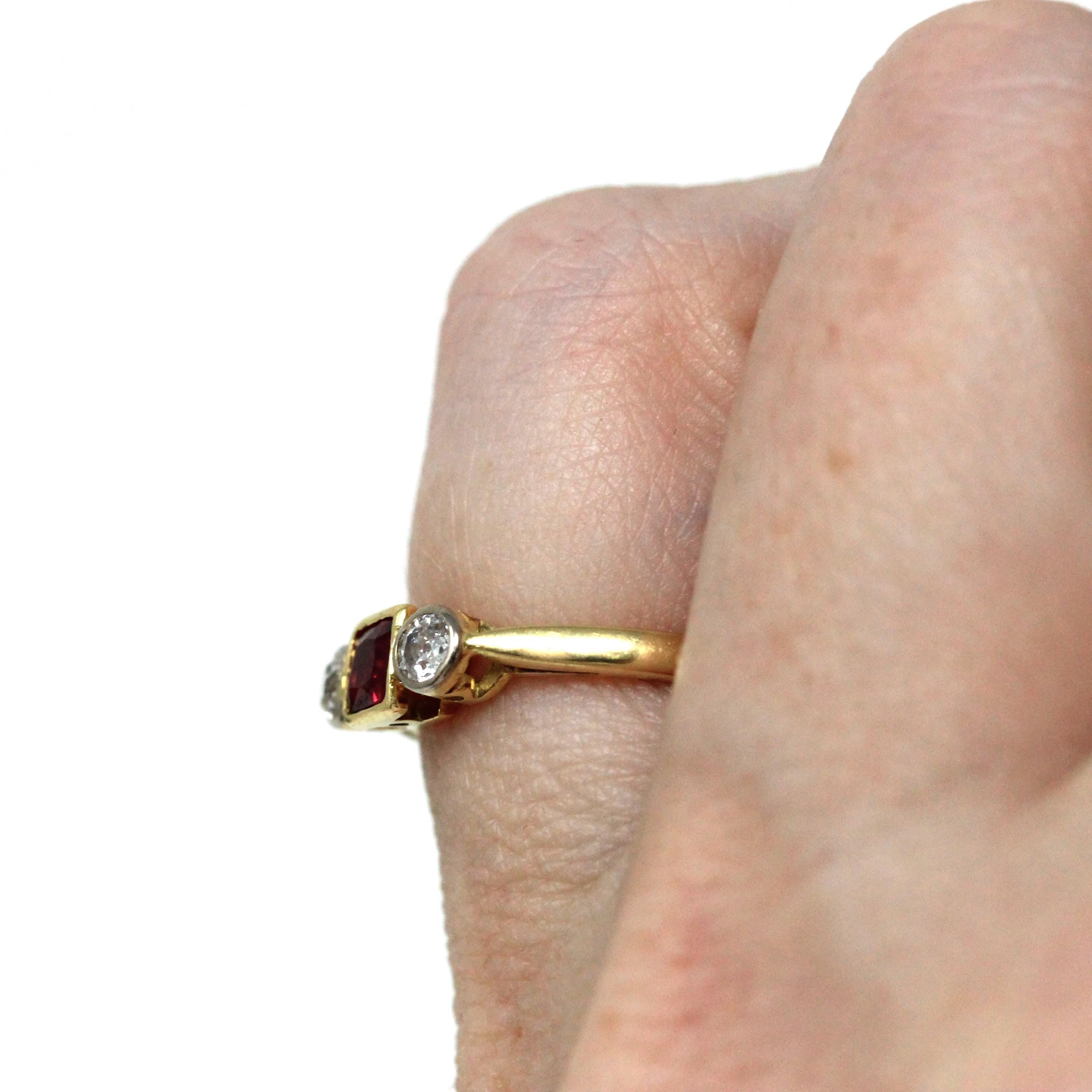 Antique Ruby & Diamond Ring - Art Deco Era 18k Gold Natural Gemstones Three Stone Band - Vintage Circa 1920s Size 4 3/4 Red Fine 20s Jewelry