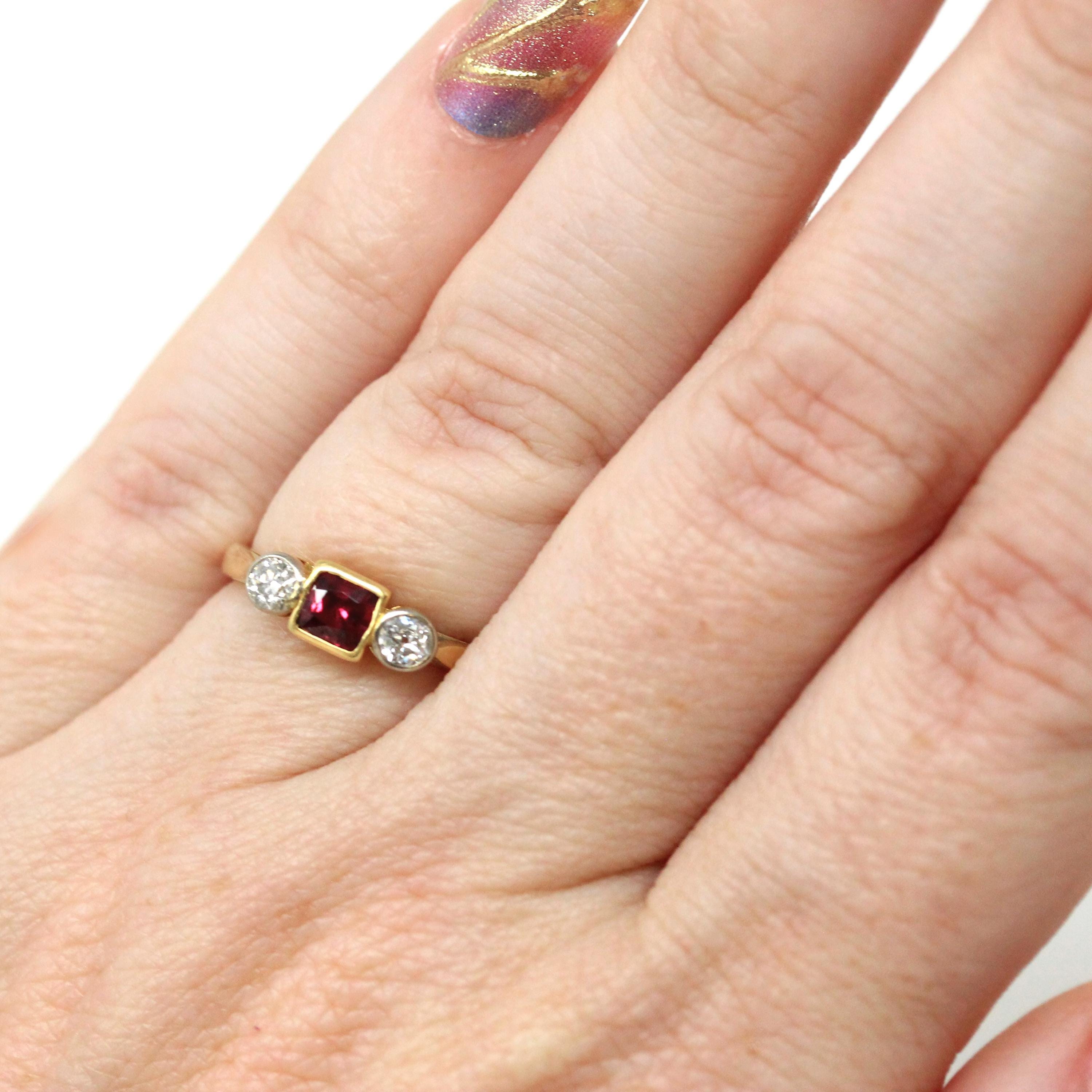 Antique Ruby & Diamond Ring - Art Deco Era 18k Gold Natural Gemstones Three Stone Band - Vintage Circa 1920s Size 4 3/4 Red Fine 20s Jewelry