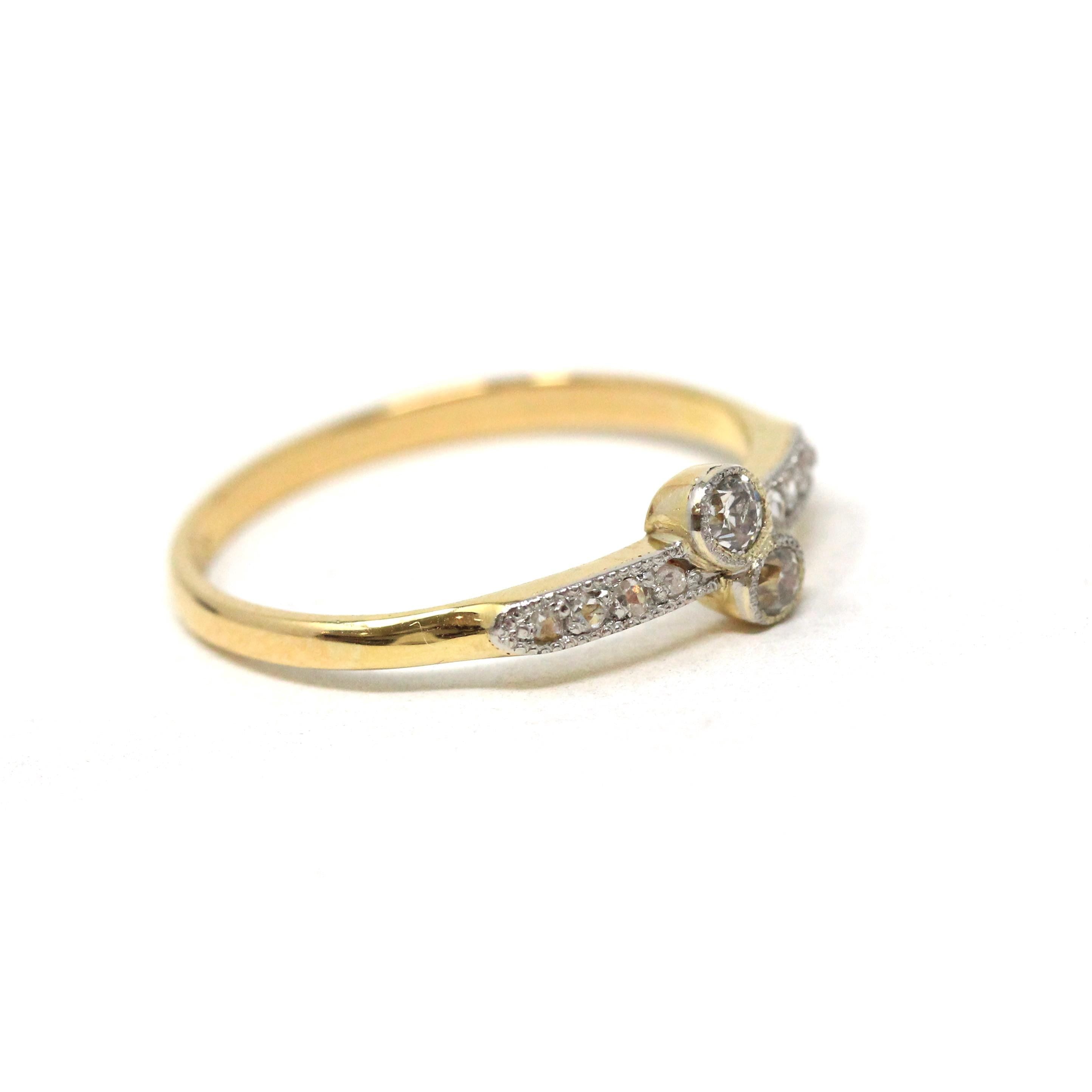 Vintage Toi Et Moi Ring - Mid Century 18k Yellow Gold Platinum Bypass Natural Diamond Engagement Band - Circa 1950s Era Size 8 Fine Jewelry