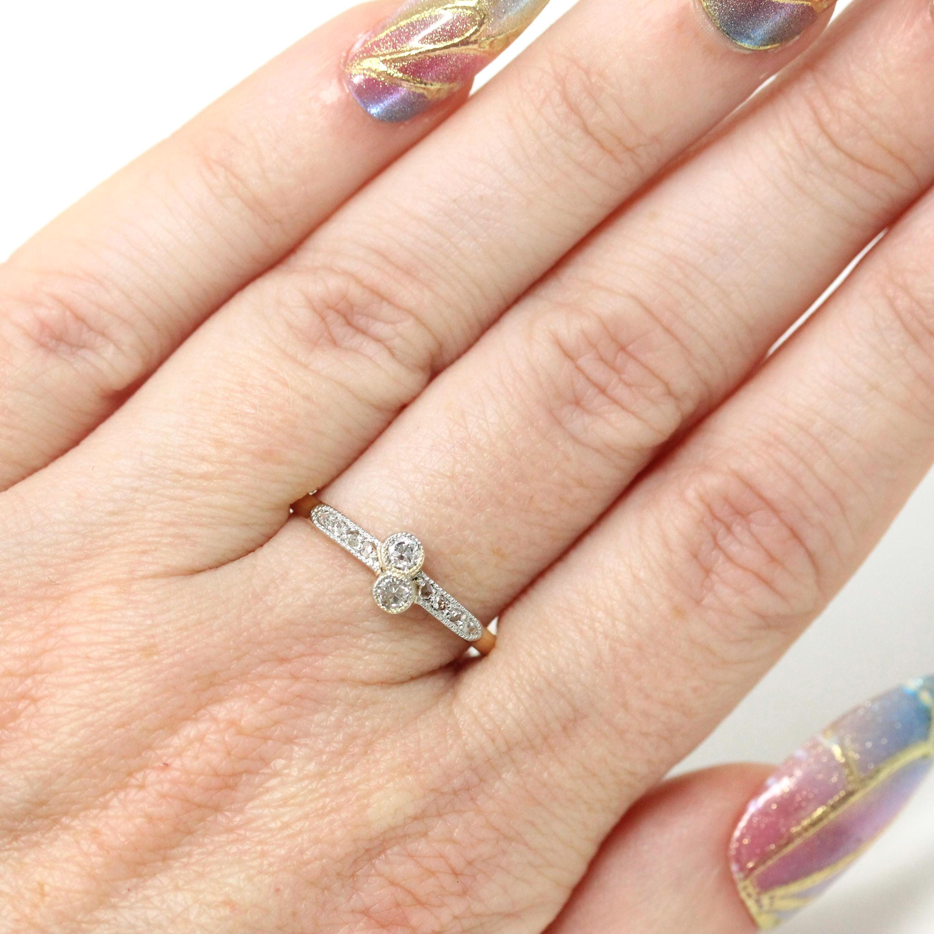 Vintage Toi Et Moi Ring - Mid Century 18k Yellow Gold Platinum Bypass Natural Diamond Engagement Band - Circa 1950s Era Size 8 Fine Jewelry