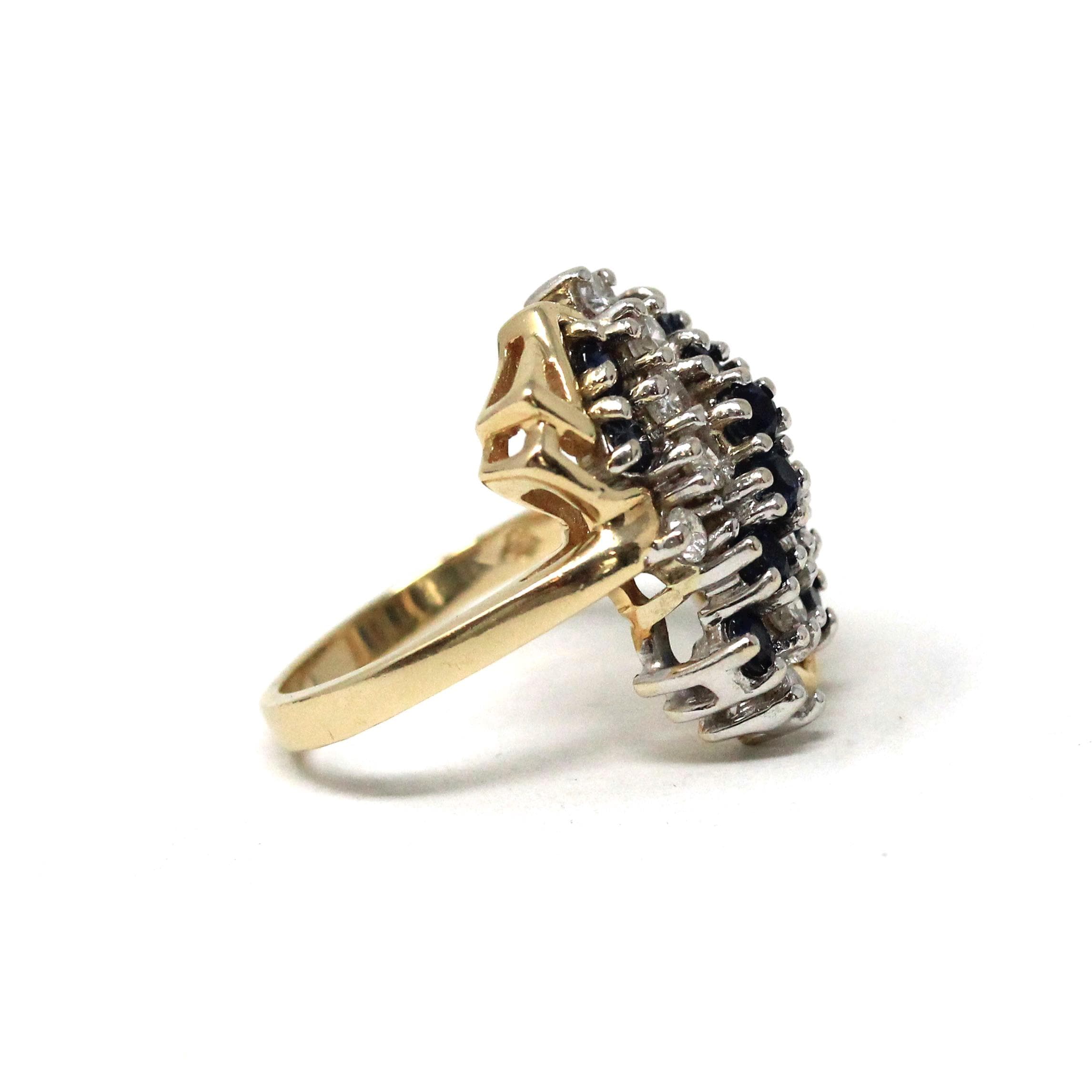 Sapphire & Diamond Ring - Estate 14k Yellow Gold Cluster Natural Gemstones - Modern Circa 1980s Era Size 6 3/4 Anniversary Fine 80s Jewelry