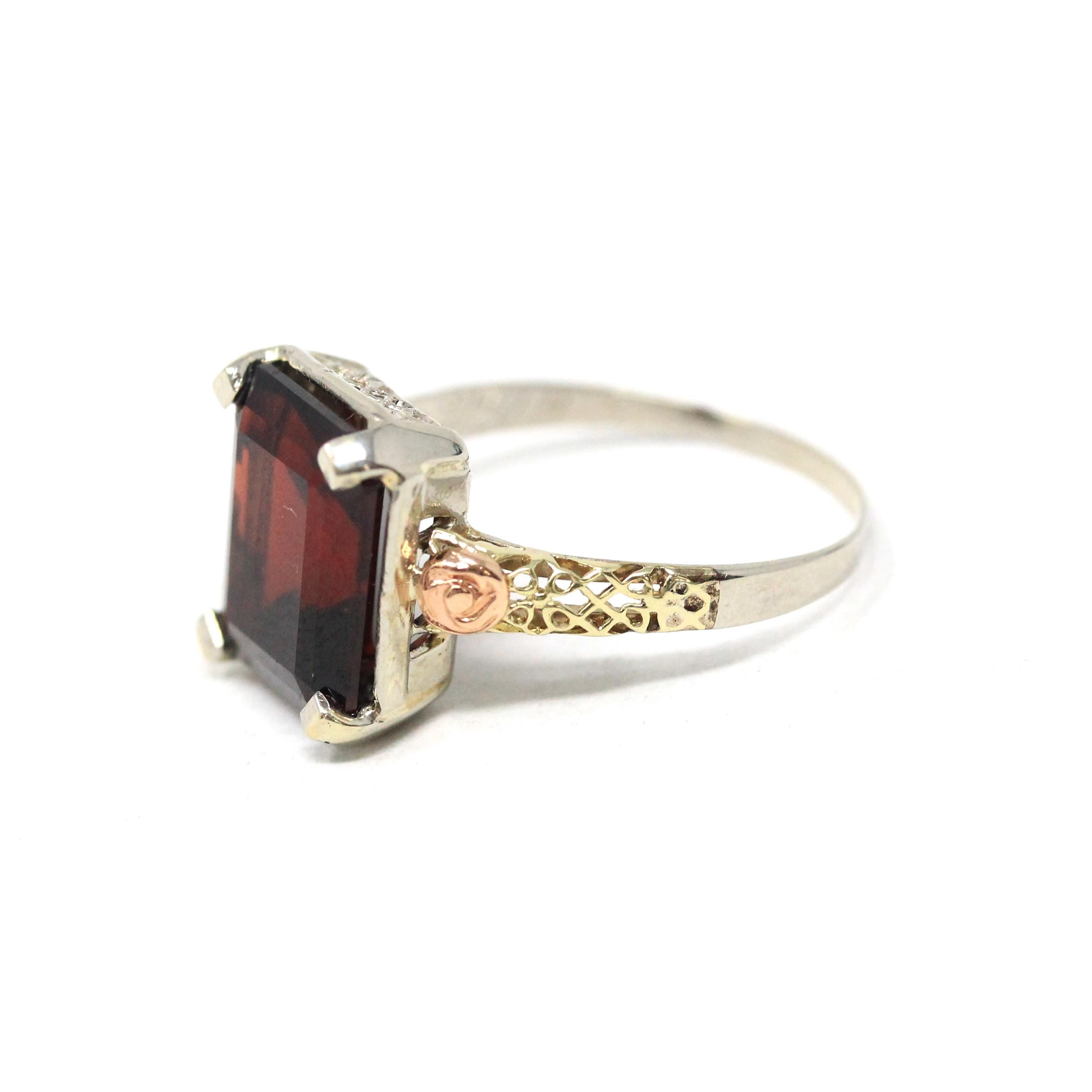 Vintage Garnet Ring - Art Deco 14k White Rose Gold Rectangular Dark Red Gemstone - Circa 1930s Era Size 6 1/2 Tricolor Flower Fine Jewelry