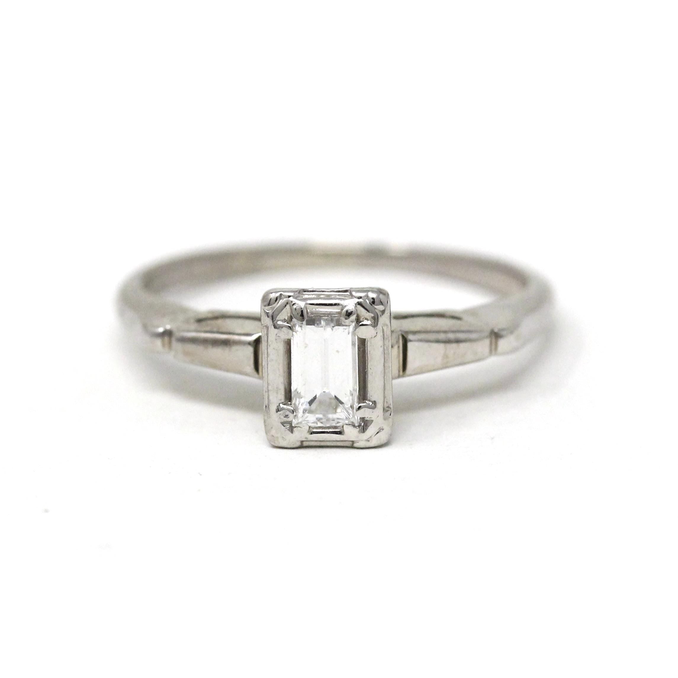 Vintage Wedding Ring - Mid Century 14k White Gold Emerald Cut Diamond Engagement - Circa 1950s Era Size 5 1/2 Fine Statement Bridal Jewelry