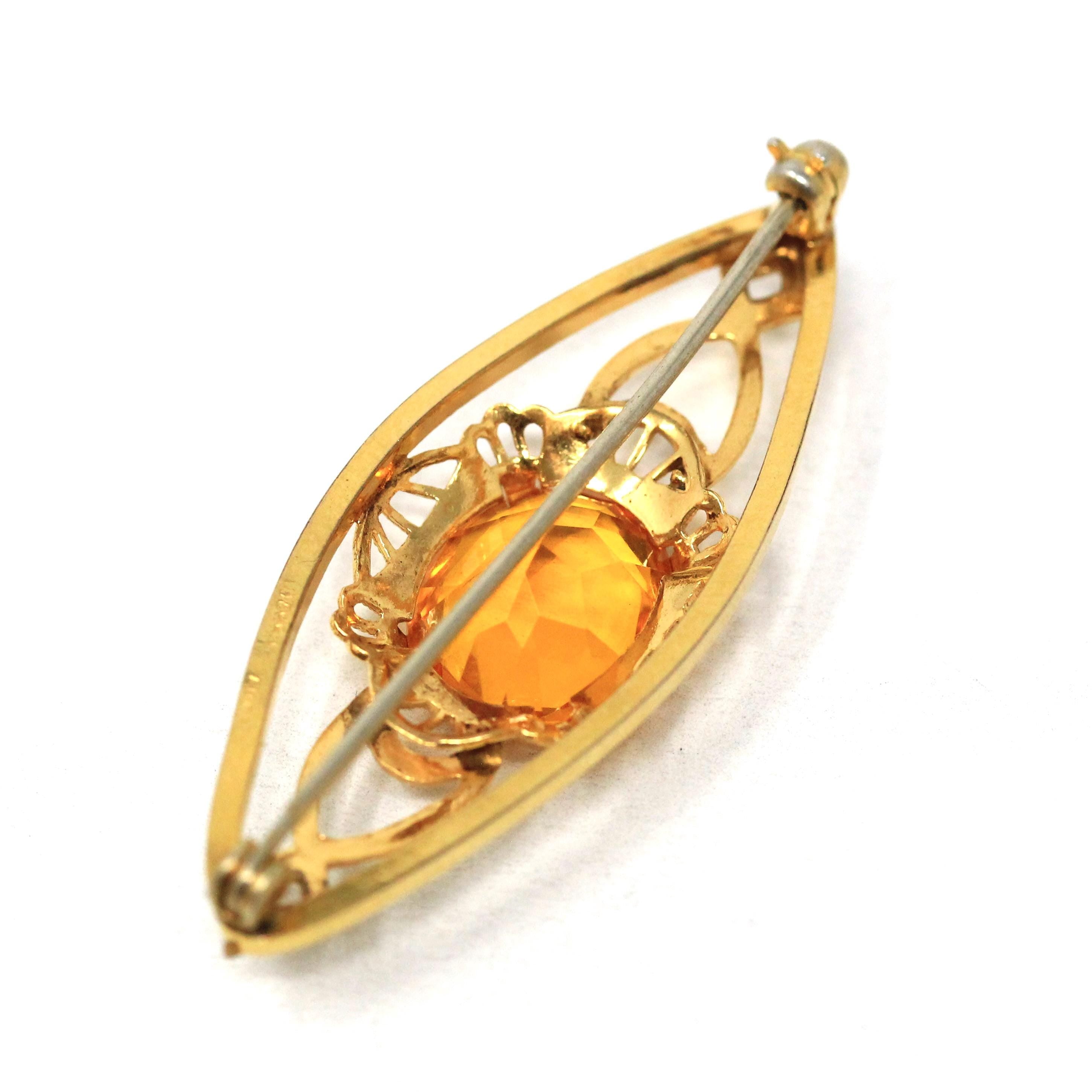 Simulated Citrine Brooch - Art Deco Gold Filled Vintage Yellow Glass Gemstone Pin - Circa Late 1930s Era Accessory Statement Fashion Jewelry