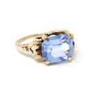 Simulated Aqua Ring - Mid Century Era 10k Yellow Gold Emerald Cut Blue Glass - Circa 1940s Size 6 1/4 Heart March Birthstone Fine Jewelry