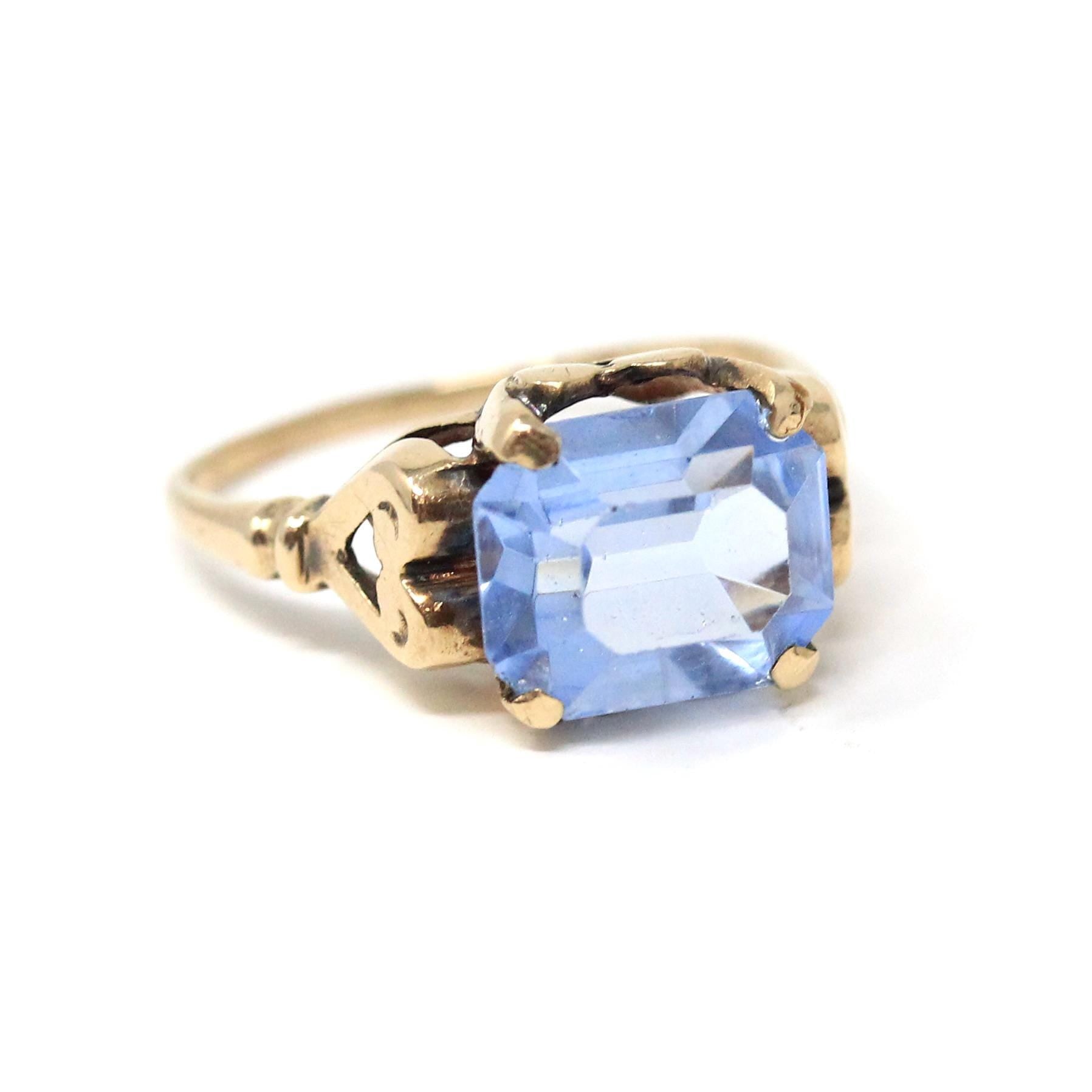 Simulated Aqua Ring - Mid Century Era 10k Yellow Gold Emerald Cut Blue Glass - Circa 1940s Size 6 1/4 Heart March Birthstone Fine Jewelry