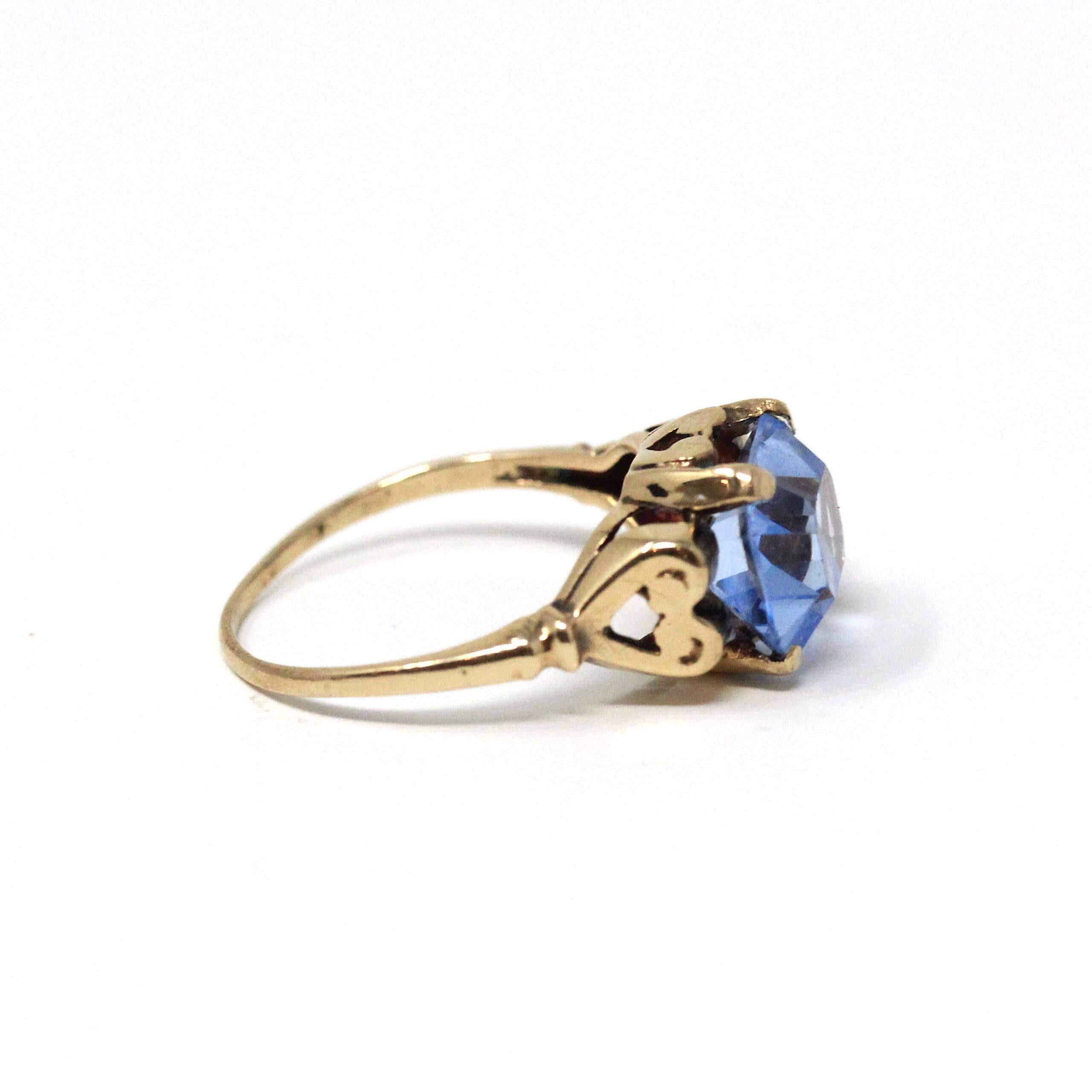 Simulated Aqua Ring - Mid Century Era 10k Yellow Gold Emerald Cut Blue Glass - Circa 1940s Size 6 1/4 Heart March Birthstone Fine Jewelry