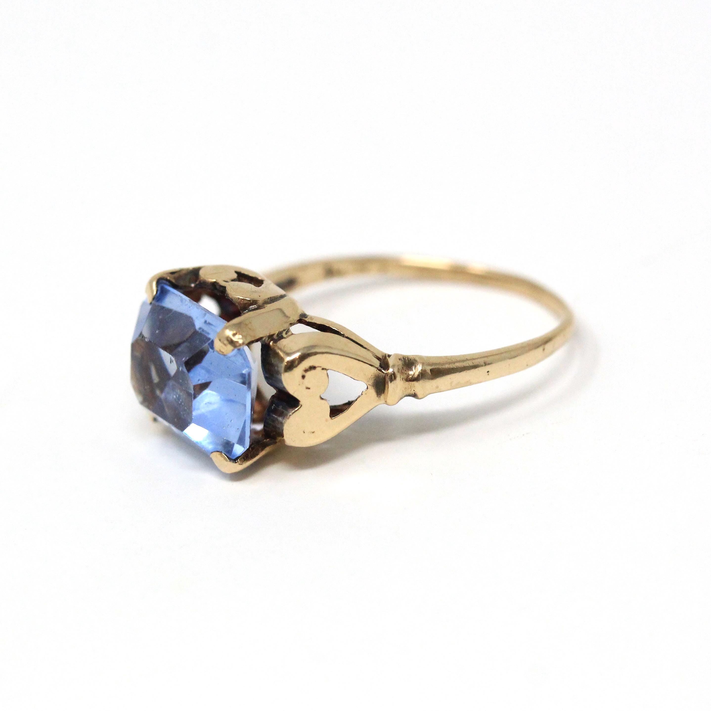 Simulated Aqua Ring - Mid Century Era 10k Yellow Gold Emerald Cut Blue Glass - Circa 1940s Size 6 1/4 Heart March Birthstone Fine Jewelry
