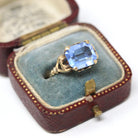 Simulated Aqua Ring - Mid Century Era 10k Yellow Gold Emerald Cut Blue Glass - Circa 1940s Size 6 1/4 Heart March Birthstone Fine Jewelry