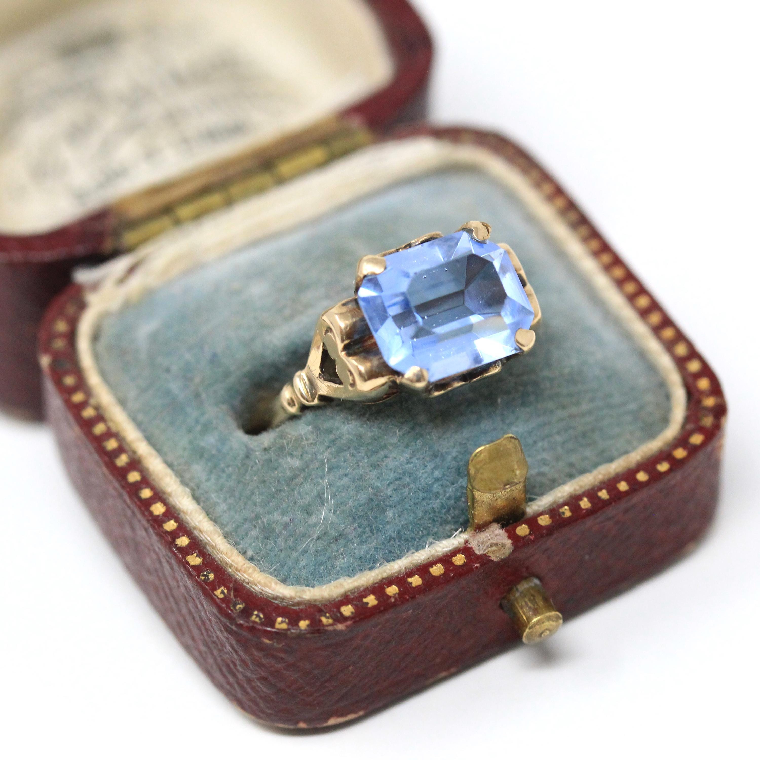 Simulated Aqua Ring - Mid Century Era 10k Yellow Gold Emerald Cut Blue Glass - Circa 1940s Size 6 1/4 Heart March Birthstone Fine Jewelry
