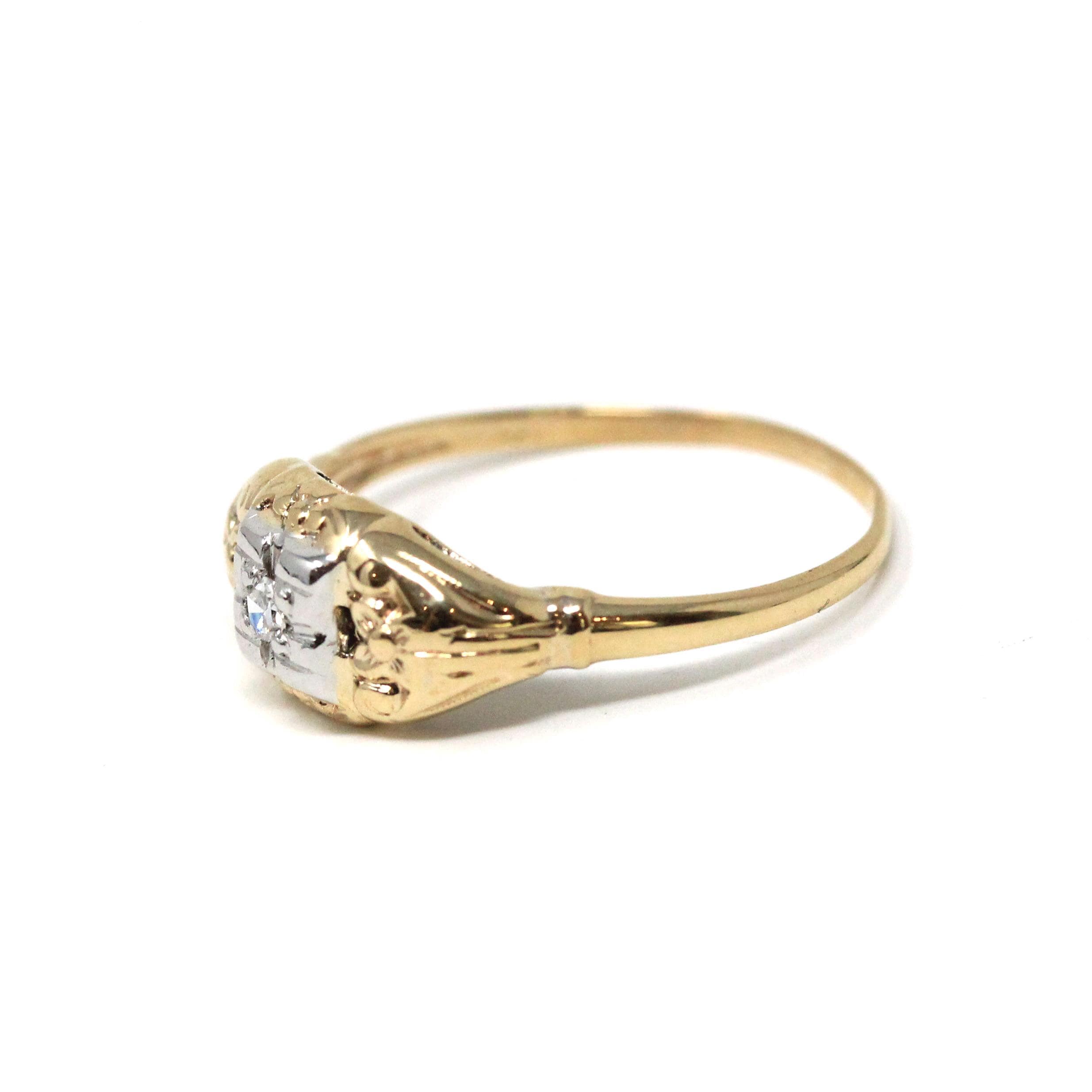 Vintage Diamond Ring - Mid Century 14k Yellow Gold Illusion Head .03 CT Setting - Circa 1940s Era Size 7 Fine Two Tone Engagement Jewelry