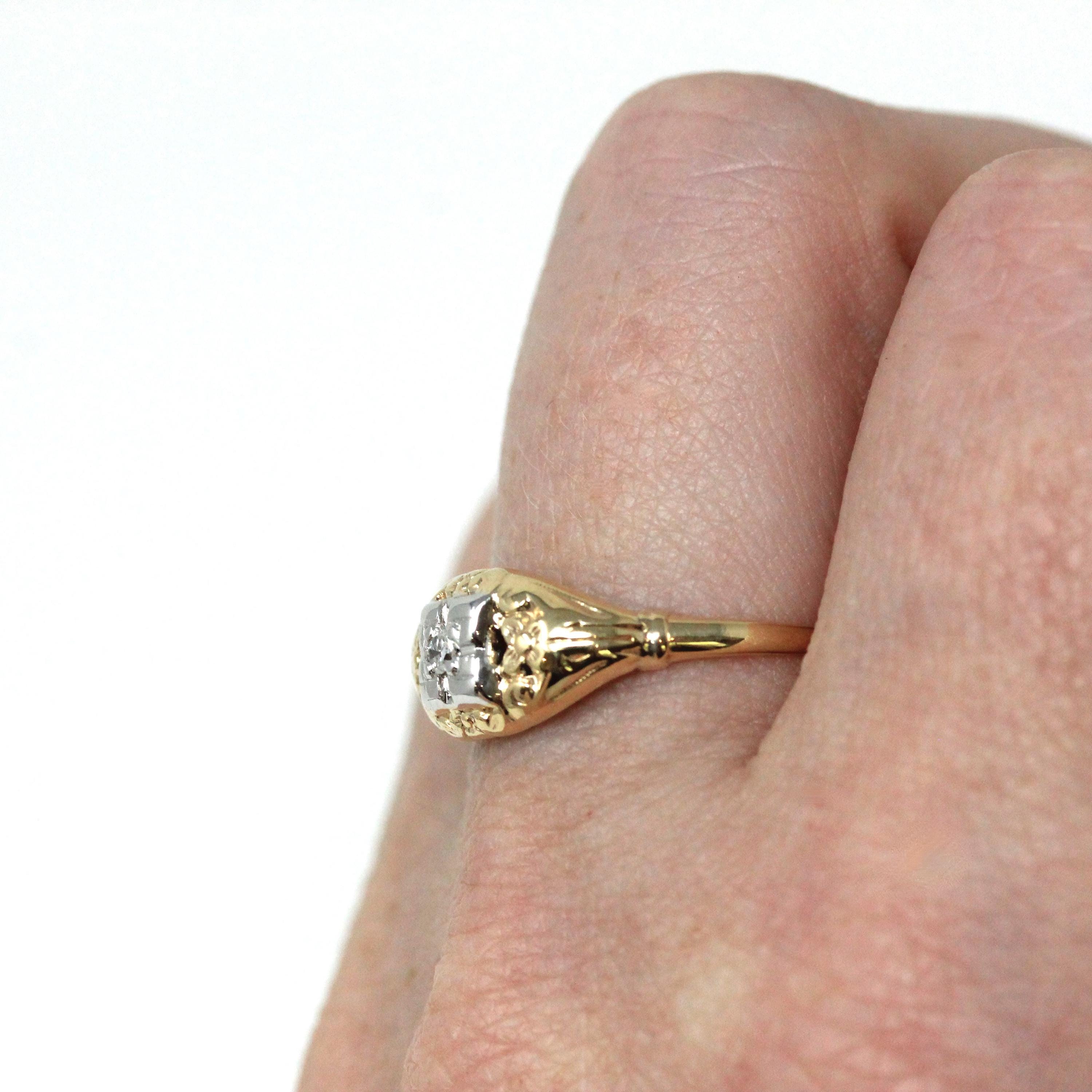 Vintage Diamond Ring - Mid Century 14k Yellow Gold Illusion Head .03 CT Setting - Circa 1940s Era Size 7 Fine Two Tone Engagement Jewelry