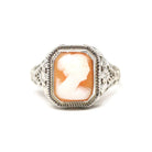 Vintage Cameo Ring - Art Deco Era 14k White Gold Statement Ring - Circa 1930s Size 6 1/4 Rectangular Carved Woman Pink Shell Fine Jewelry