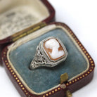 Vintage Cameo Ring - Art Deco Era 14k White Gold Statement Ring - Circa 1930s Size 6 1/4 Rectangular Carved Woman Pink Shell Fine Jewelry