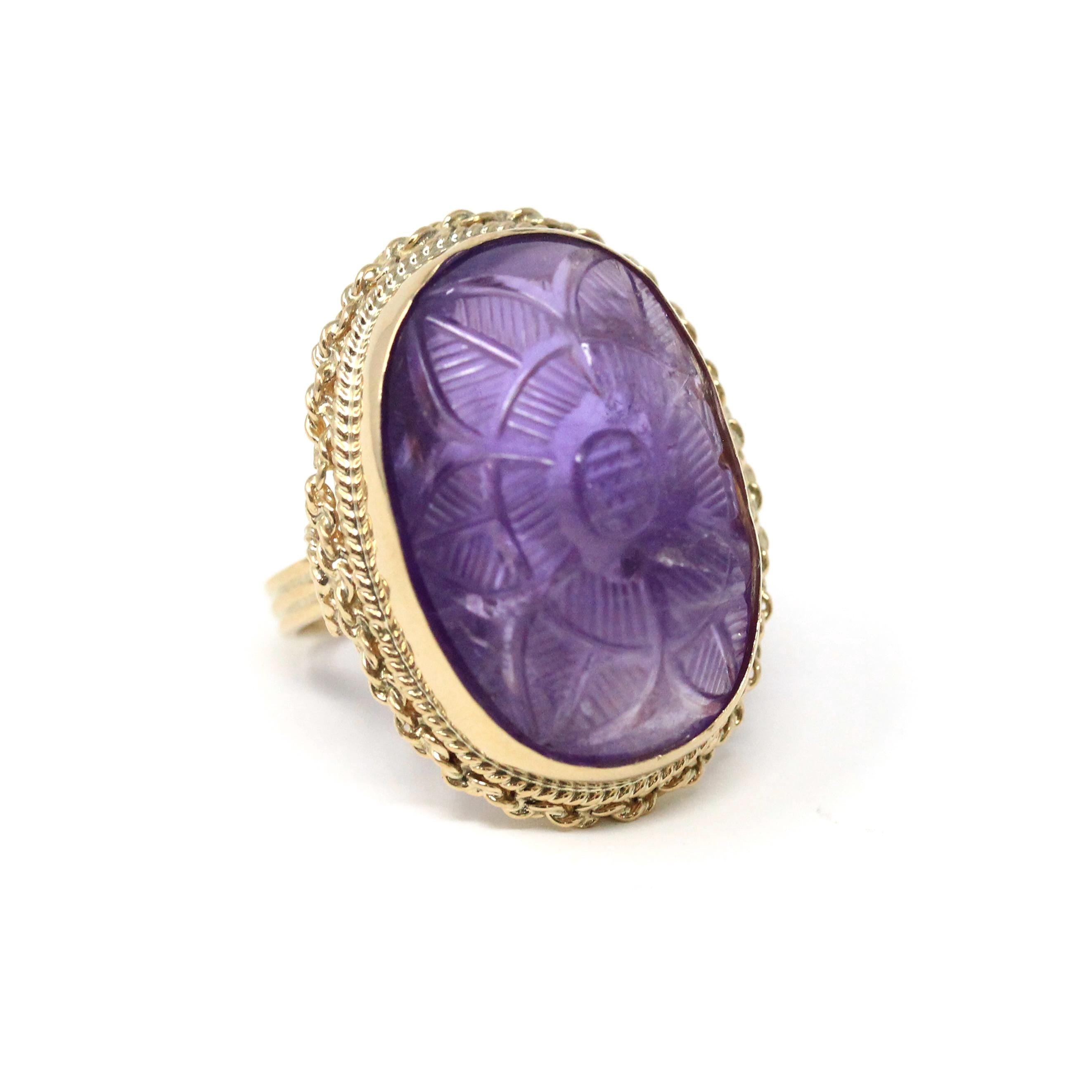Vintage Carved Amethyst Ring - Retro 14k Yellow Gold Bold Statement Natural Purple Flower Gemstone - Circa 1960s Size 6 Floral Fine Jewelry