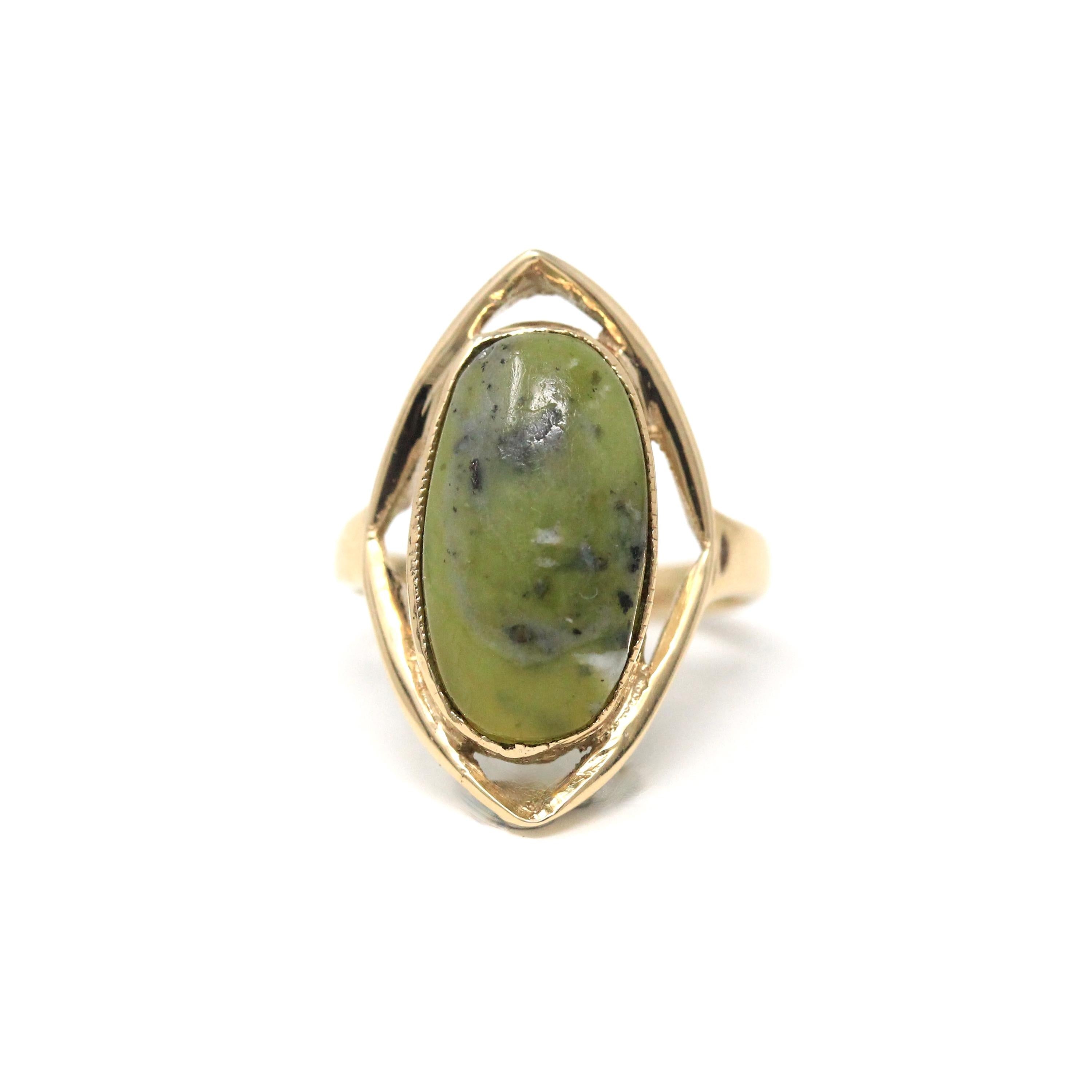Vintage Serpentine Ring - Retro Era 9k Yellow Gold Oval Cabochon Cut Green Marbled Gemstone - Hallmarked 1973 Size 3 Statement Fine Jewelry