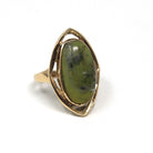 Vintage Serpentine Ring - Retro Era 9k Yellow Gold Oval Cabochon Cut Green Marbled Gemstone - Hallmarked 1973 Size 3 Statement Fine Jewelry