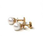 Cultured Pearl Earrings - Mid Century 14k Yellow Gold Round White Organic Gem Screw Backs - Vintage Circa 1940s Era June Birthstone Jewelry