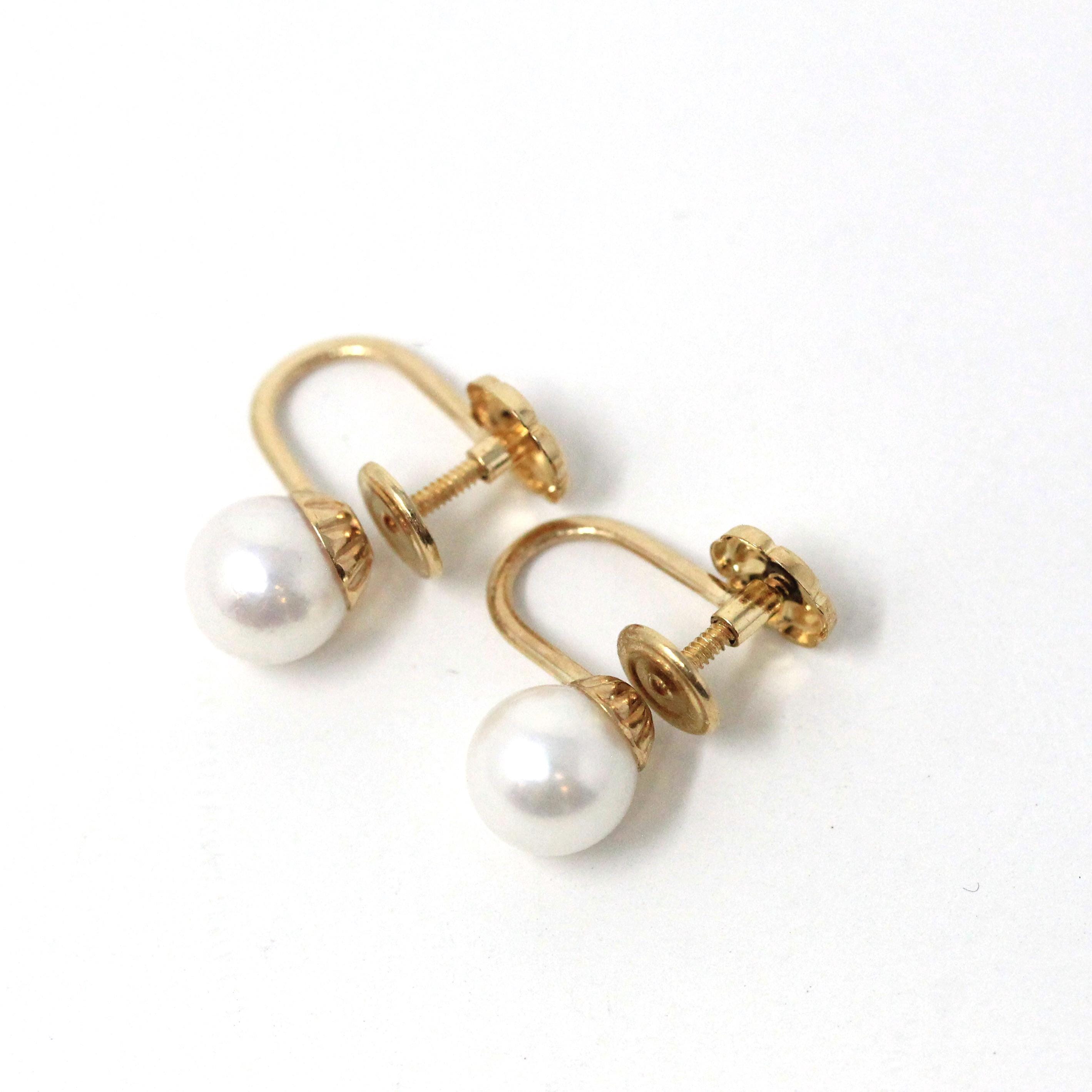 Cultured Pearl Earrings - Mid Century 14k Yellow Gold Round White Organic Gem Screw Backs - Vintage Circa 1940s Era June Birthstone Jewelry
