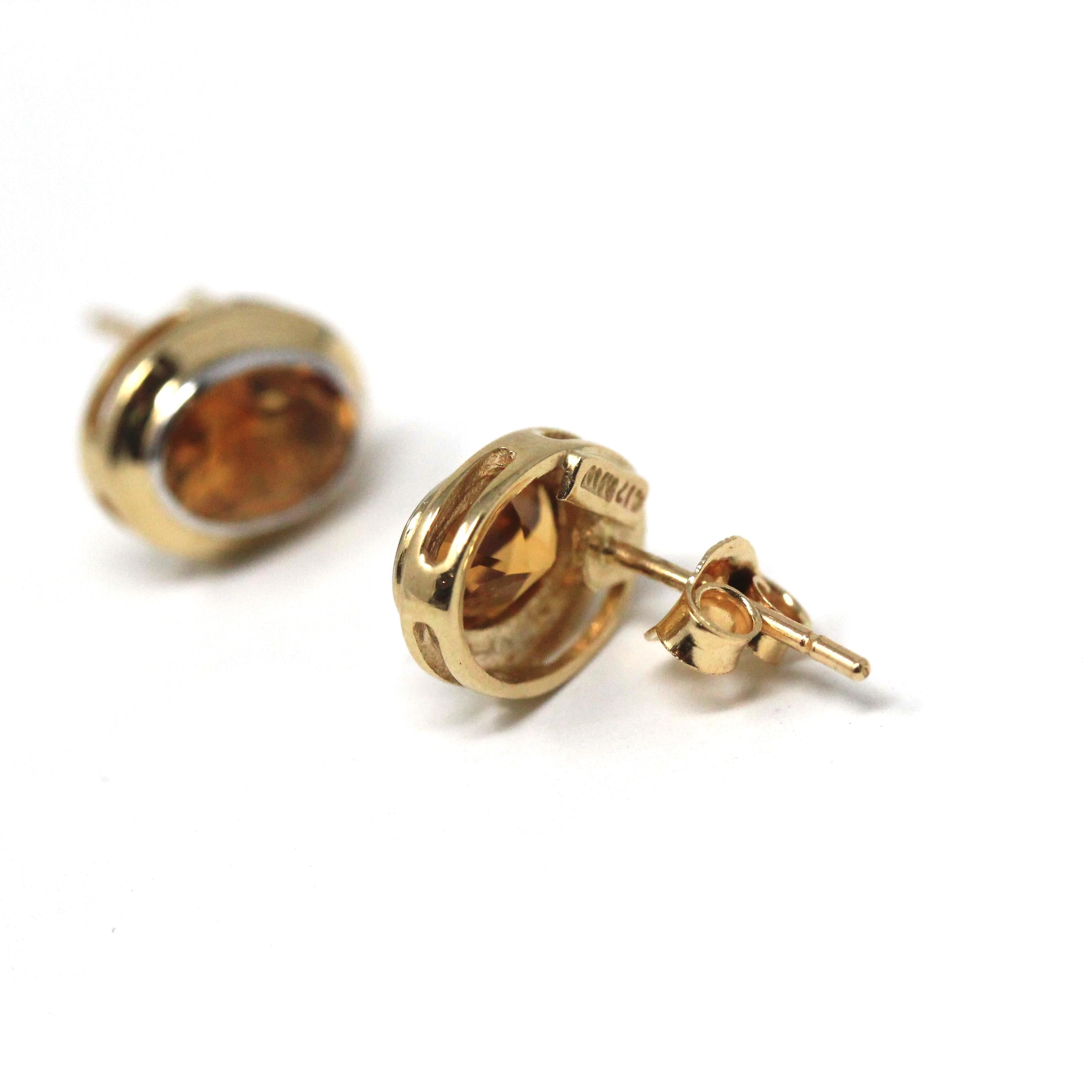 Modern Citrine Earrings - Estate 10k Yellow Gold Natural Oval Orange Gemstone Bezel Post Studs - Modern 2000s Era Pierced Push Back Jewelry