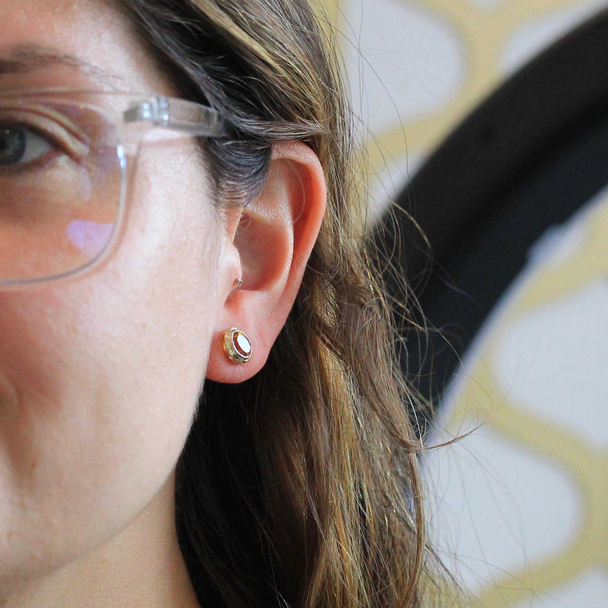 Modern Citrine Earrings - Estate 10k Yellow Gold Natural Oval Orange Gemstone Bezel Post Studs - Modern 2000s Era Pierced Push Back Jewelry