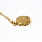 Vintage "Sue" Locket - Mid Century Era 10k Yellow Rose Gold Round Floral Pendant Charm Necklace - Dated 1949 Engraved Keepsake Fine Jewelry