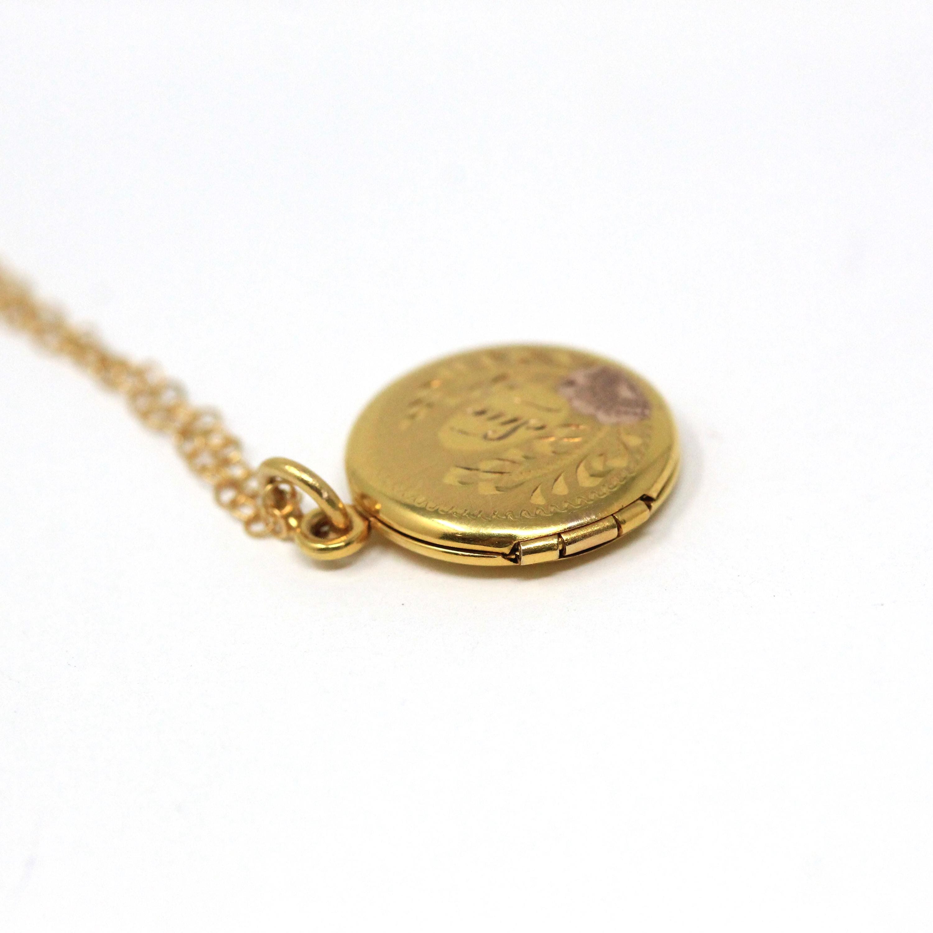 Vintage "Sue" Locket - Mid Century Era 10k Yellow Rose Gold Round Floral Pendant Charm Necklace - Dated 1949 Engraved Keepsake Fine Jewelry