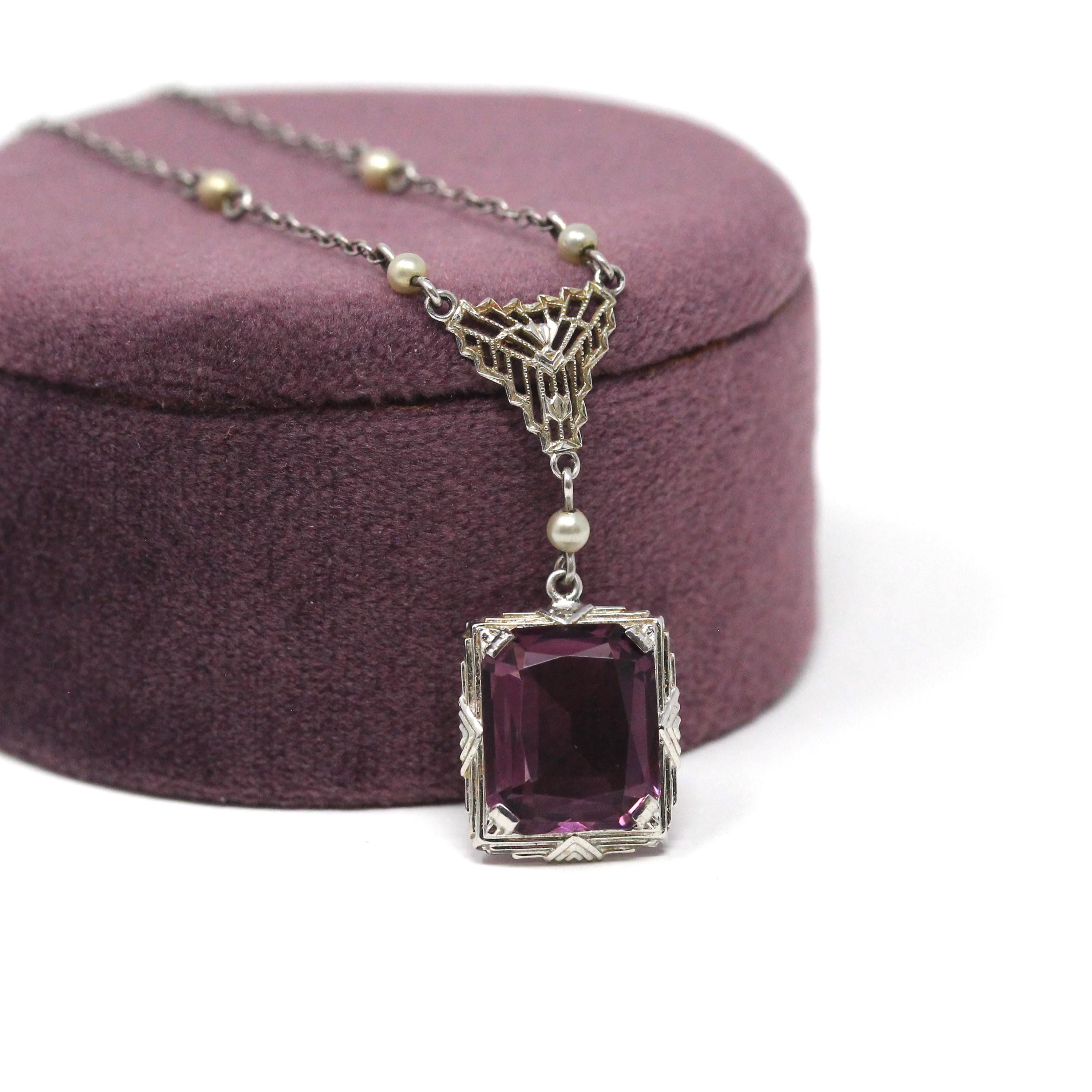 Art Deco Lavalier - Vintage 14k White Gold Simulated Amethyst Purple Glass & Seed Pearls Gems Necklace - Circa 1930s Fine Statement Jewelry