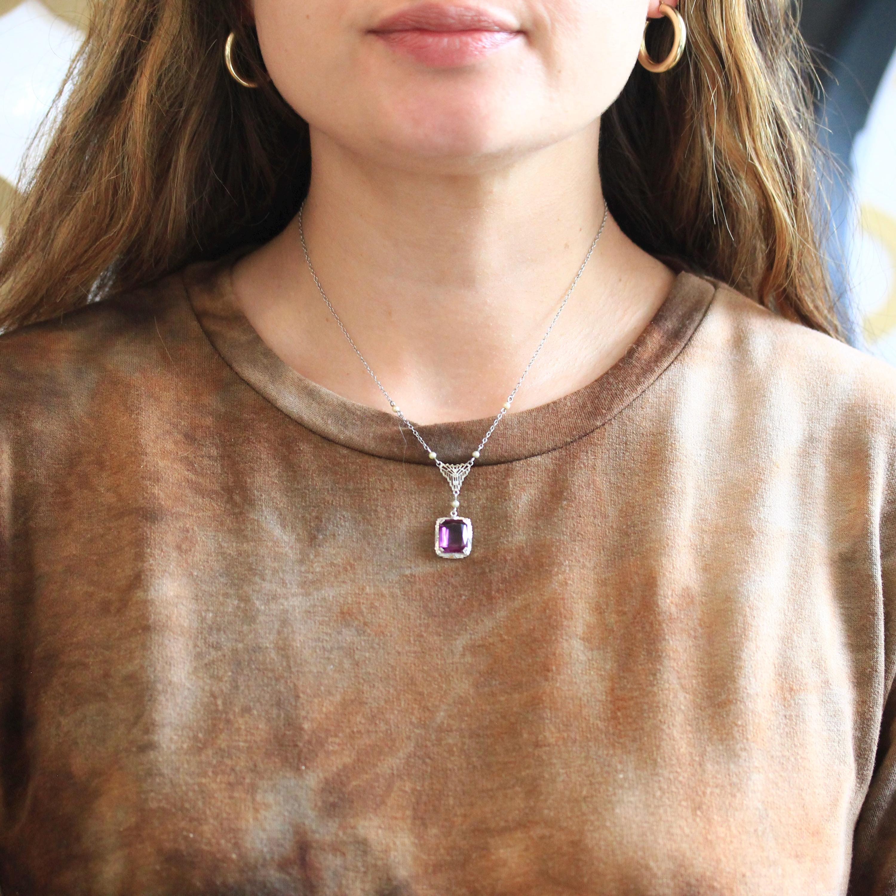 Art Deco Lavalier - Vintage 14k White Gold Simulated Amethyst Purple Glass & Seed Pearls Gems Necklace - Circa 1930s Fine Statement Jewelry