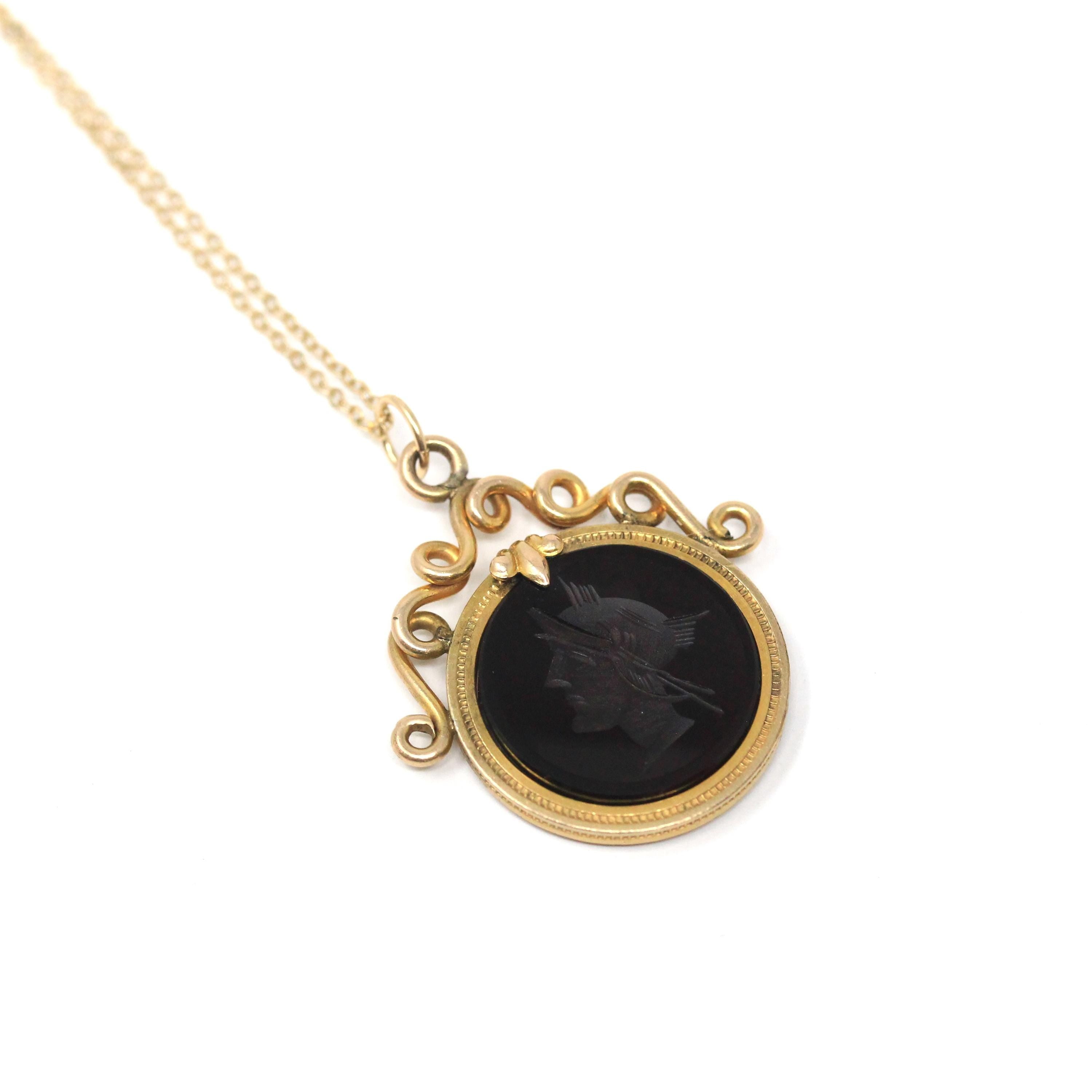 Antique Intaglio Pendant - Edwardian Gold Filled Carved Natural Sard Gem Necklace - Vintage Circa 1900s Era Warrior Fob Statement Jewelry